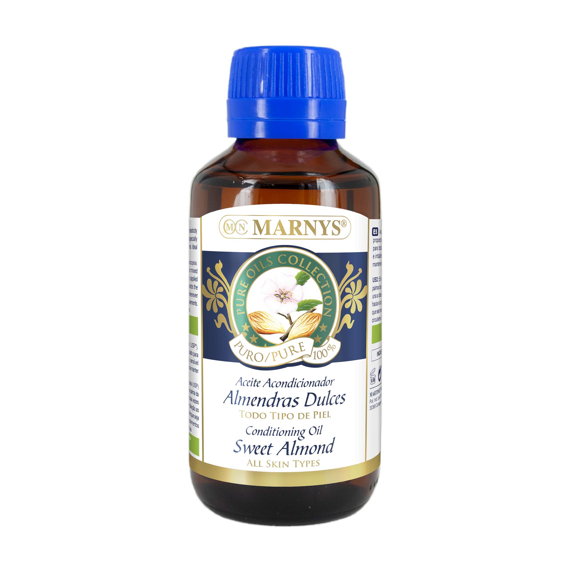 Aceite de Almendras Dulces MARNYS, proporciona hidratación y elasticidad en la piel, 100% Vegetal, 125 Mililitros