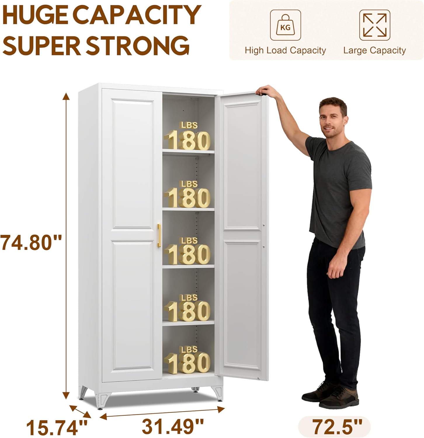 UNICOLY 75" Kitchen Pantry Cabinet, Tall Storage Cabinet with Doors and 4 Shelves, Metal Storage Cabinets for Kitchens, Living Room, Dinning Room, Assembly Required, White