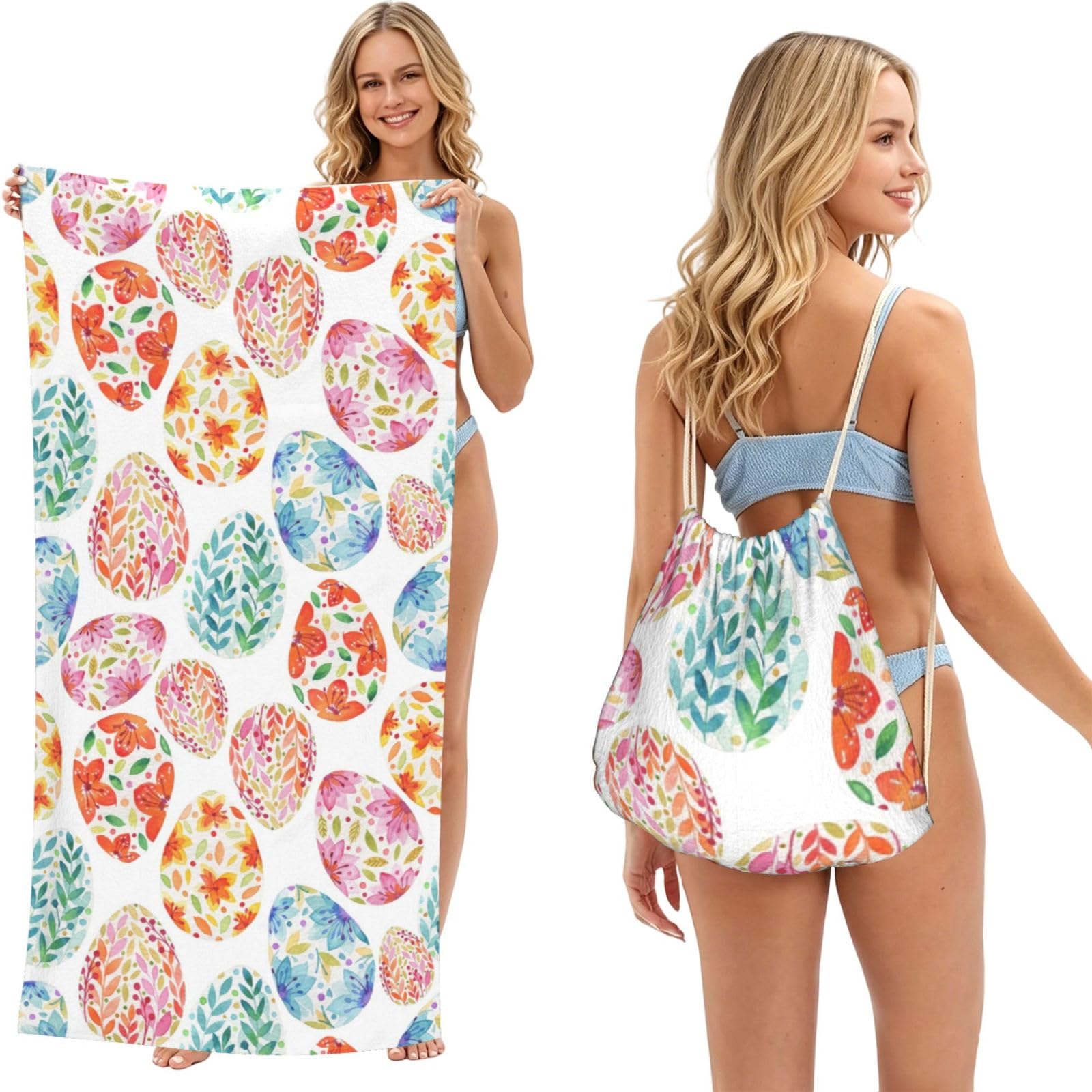 Poadnly As Picture Easter Eggs, 2 In 1 Packable Towel Bag, Beach Towels With Drawstring Backpack For Travel Holiday Camping