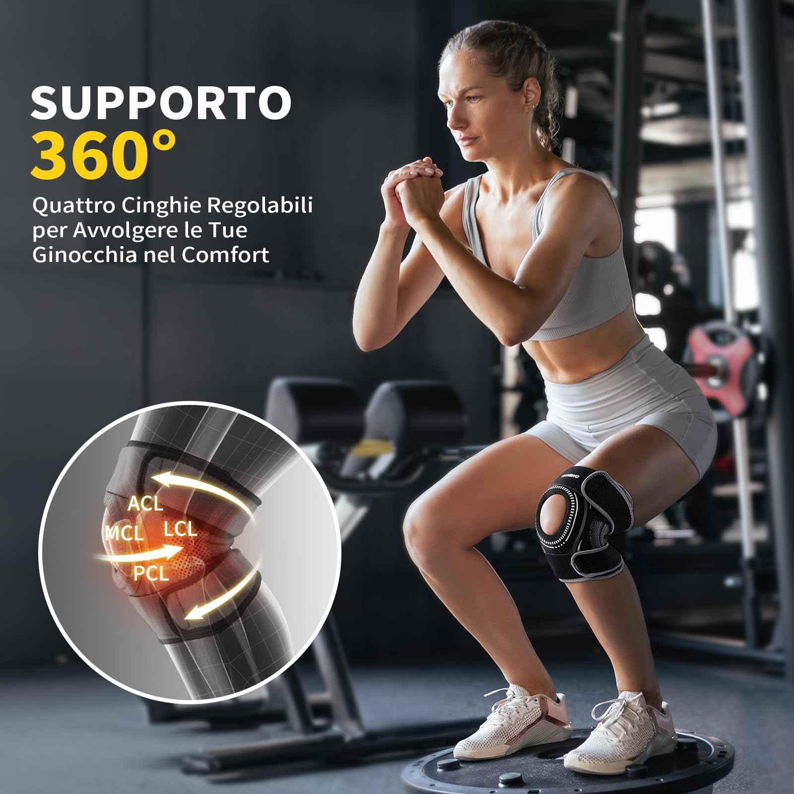 CAMBIVO Tutore Ginocchio con Stecche Laterali, Ginocchiera Ortopedica Regolabile con Foro Rotuleo, Ginocchiera Sportiva Elastica Traspirante Neoprene per Menisco Legamenti Artrite