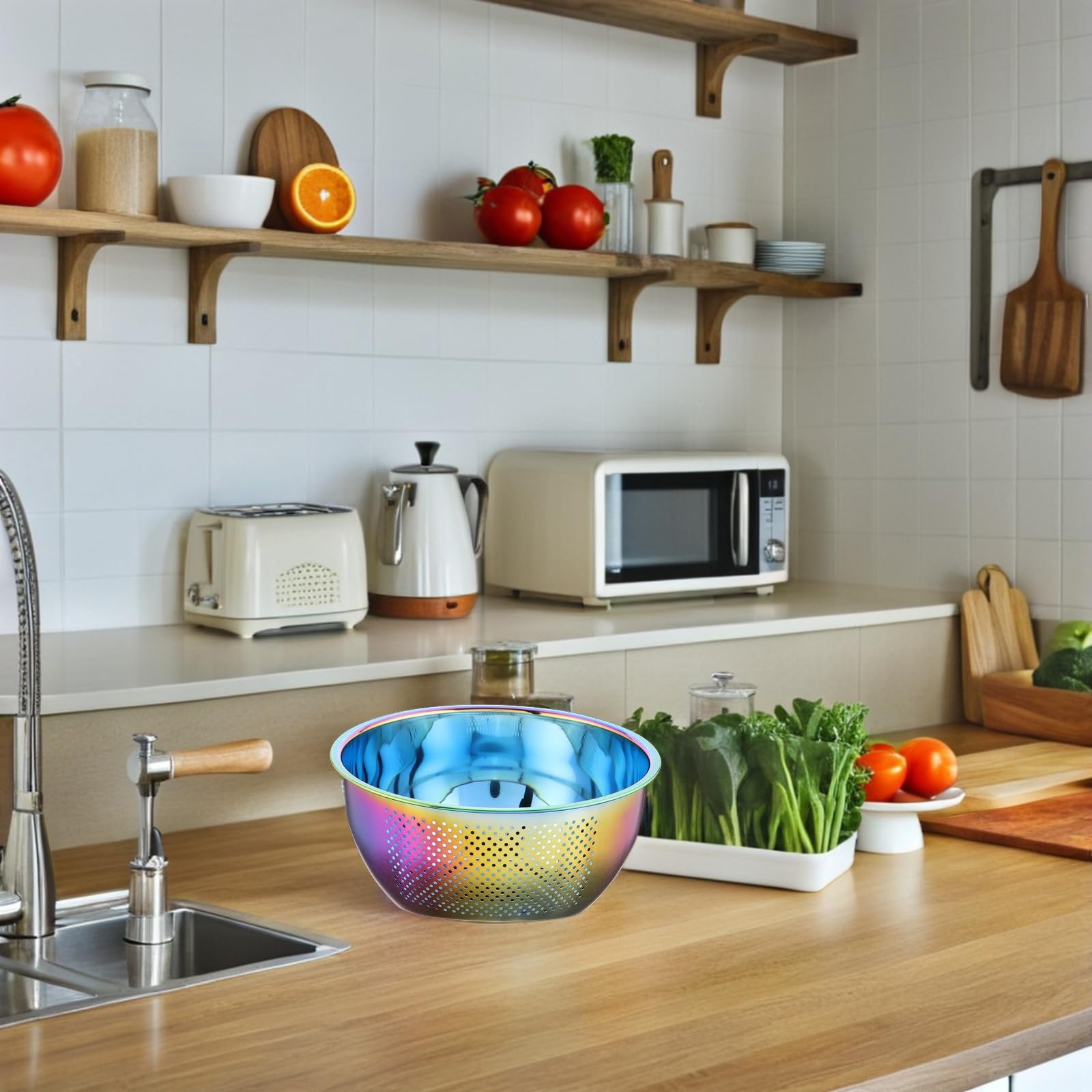 NUOBESTY Colador de Arroz Multifuncional de Acero Inoxidable 304 Escurridor Grande con Fondo Inclinado para Lavar Frutas y Verduras Cedazo de Cocina Iridiscente para Uso Doméstico