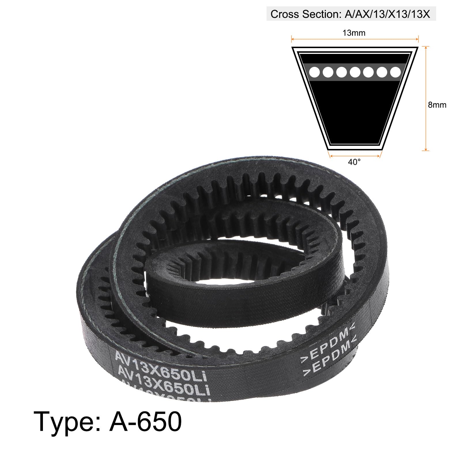 sourcing map Courroies trapézoïdales dentées 13 x 650 mm - Courroie à bord brut - Circonférence intérieure : 650 mm - Largeur : 13 mm - Épaisseur : 8 mm - EPDM - Pour transmission de puissance