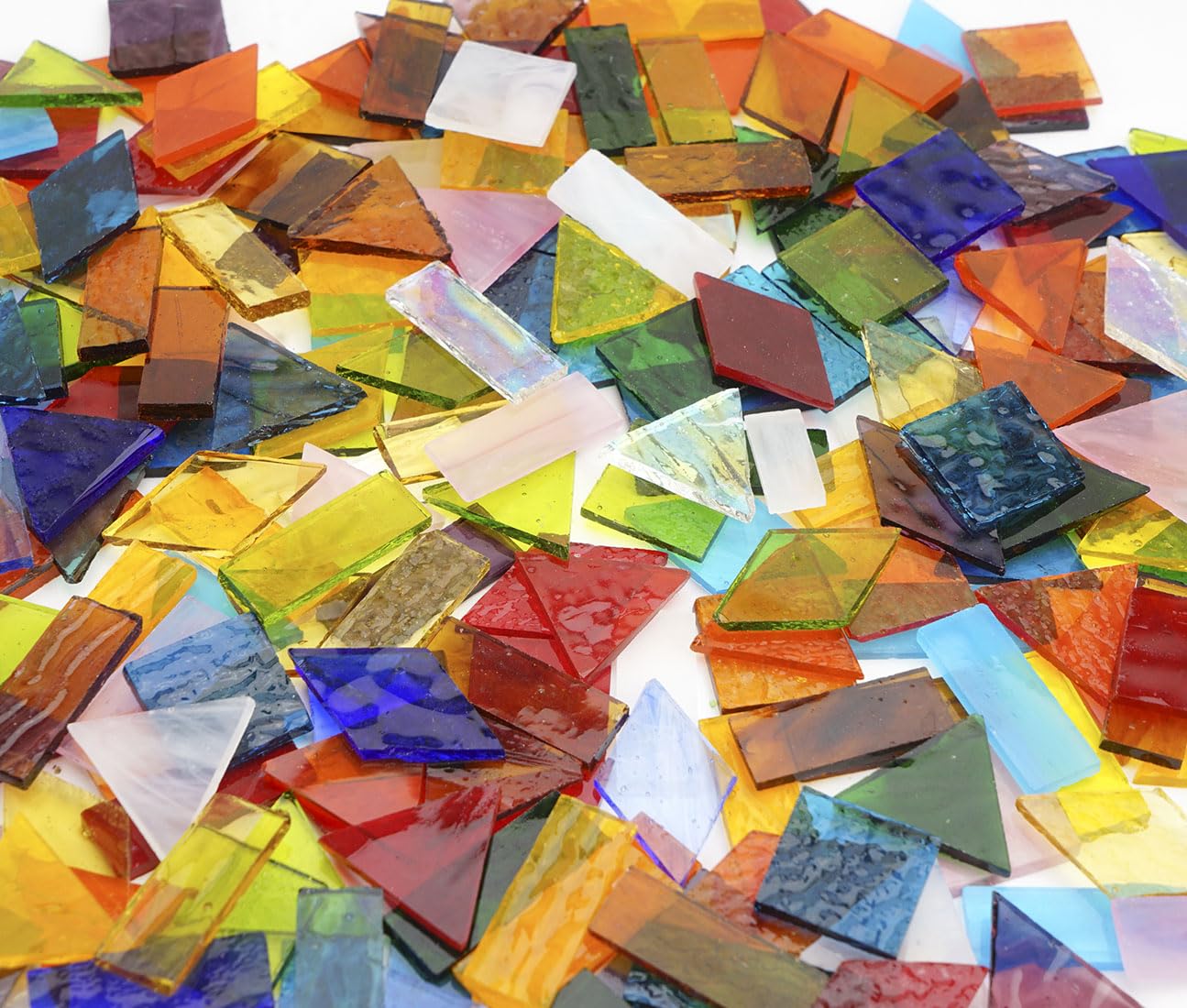 Lanyani 1.3 Pound/200 Pieces Extra Large Transparent Textured Stained Glass Mosaic Tiles for DIY Craft, Colorful Bright Cathedral Tile, 4-Shapes Mixed Pieces Bulk Arts