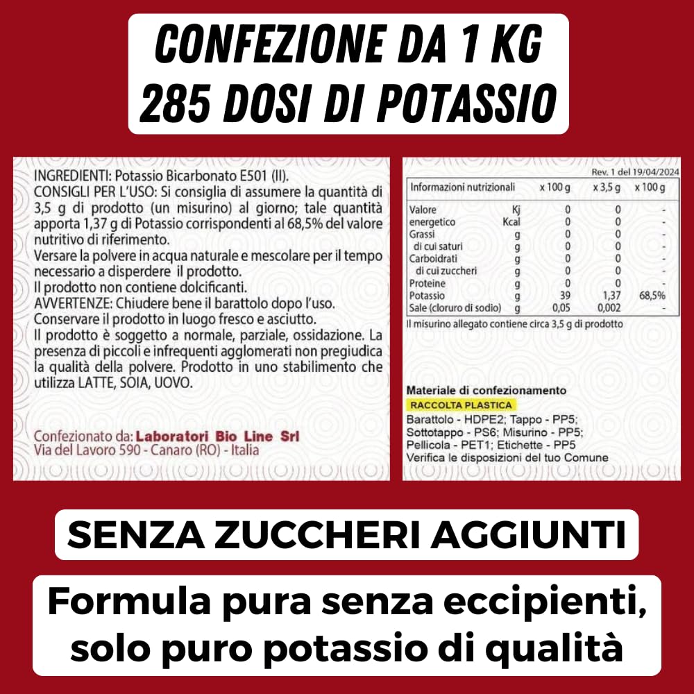 Laboratori Bio Line - Potassio Sali Minerali in Polvere (1 Kg) Bicarbonato di Potassio per Sportivi, Prodotto Alimentare