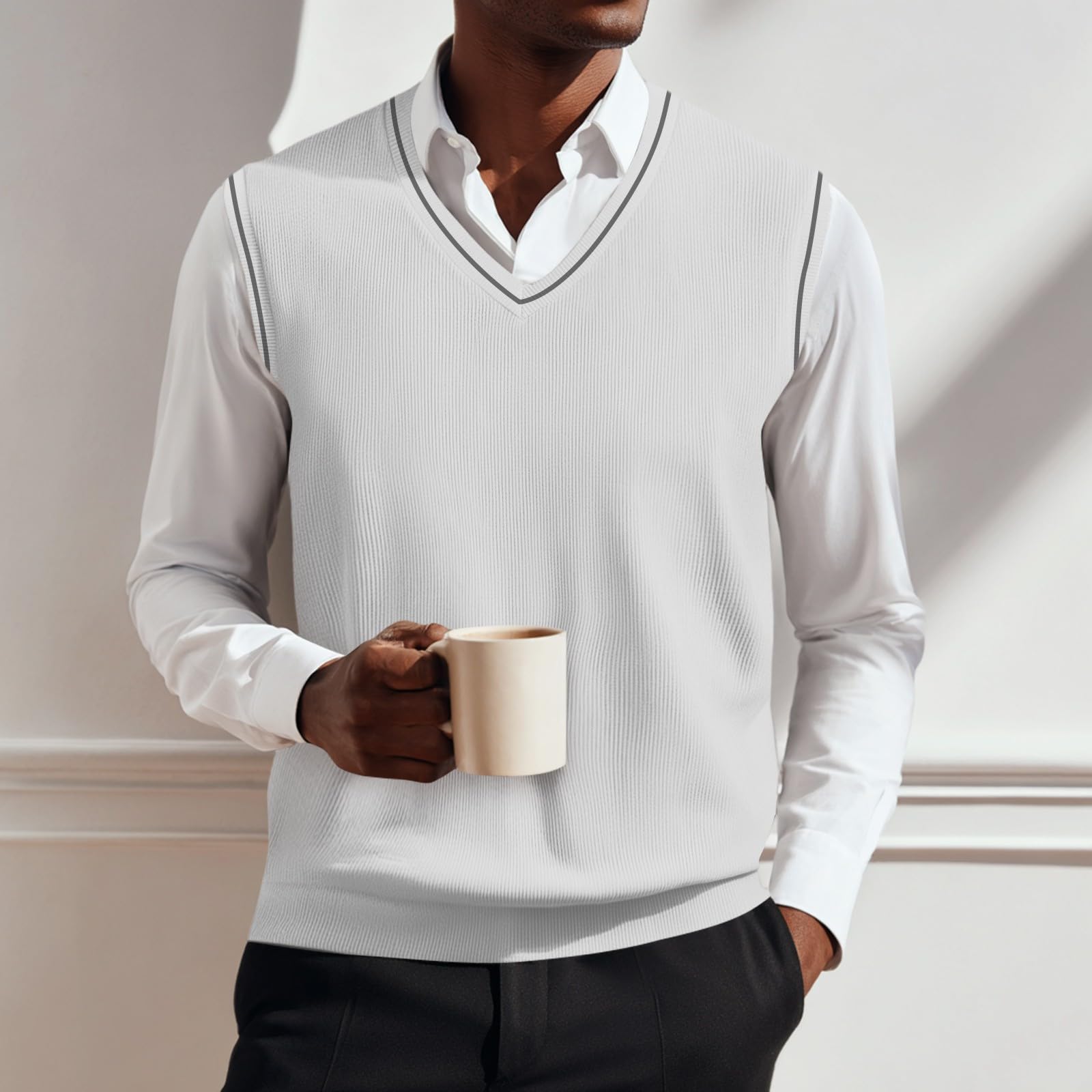 Generisch Herren Pullunder Strickweste V-Ausschnitt Ärmellose Strickpullover Comfort Fit Gestrickte Weste Basic Sweater Für Business Casual