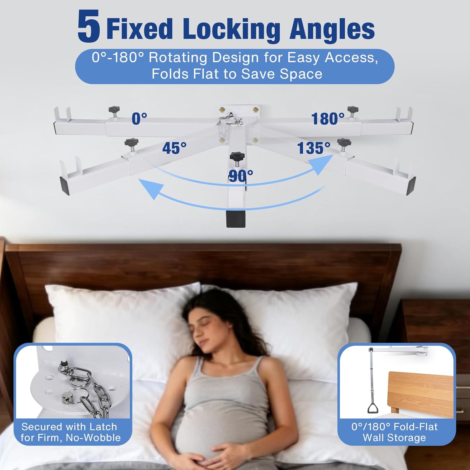 Huazu Trap/eze Bar for Bed Mobility, Wall-Mounted Bedside Pull-Up Assist with 5 Locking Angles, 200 lb Weight Capacity Support Handle for Bed Mobility, Sitting Up, Turning, HMBT-01