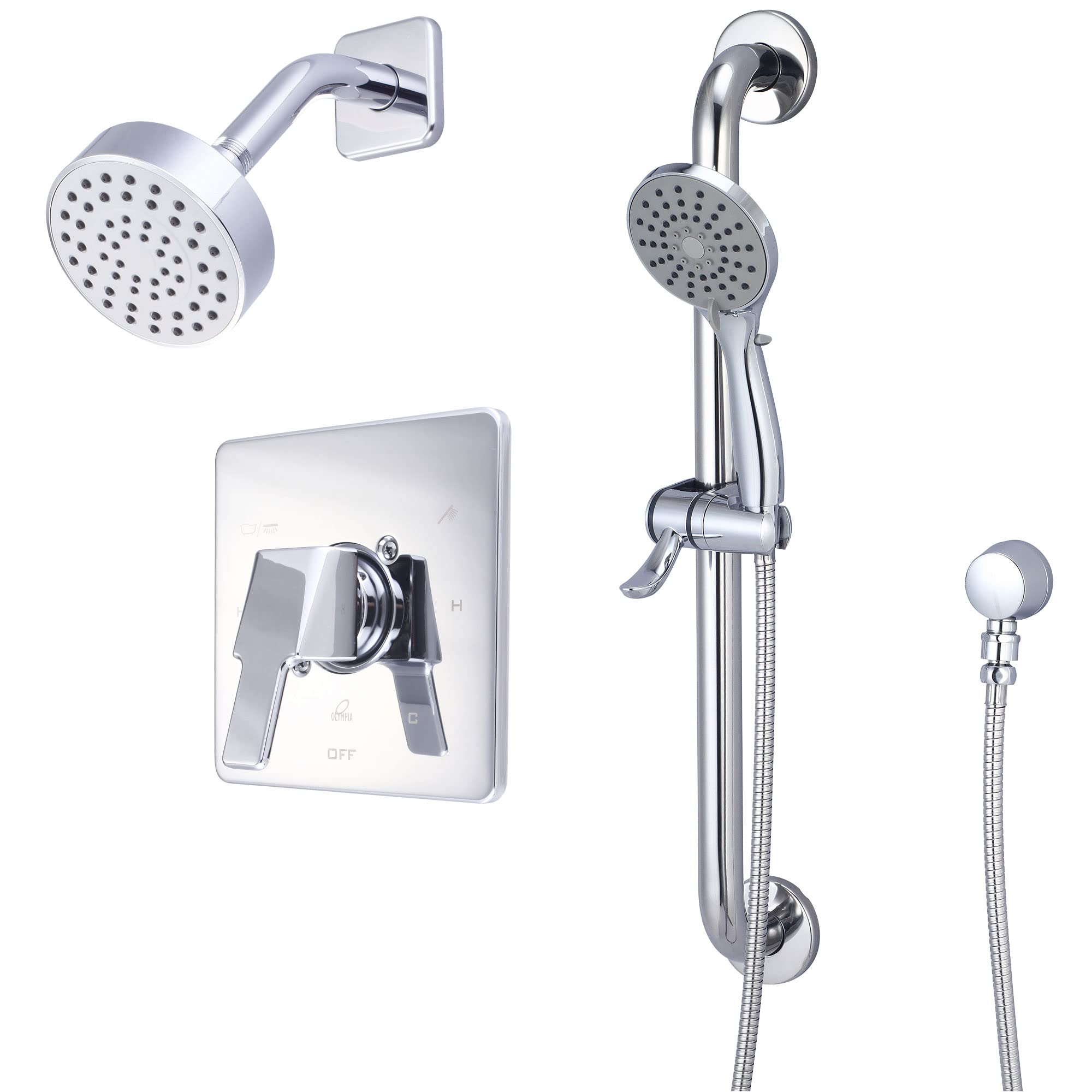 Garniture de douche chrome poli avec douchette à main flexible et mitigeur de salle de bain