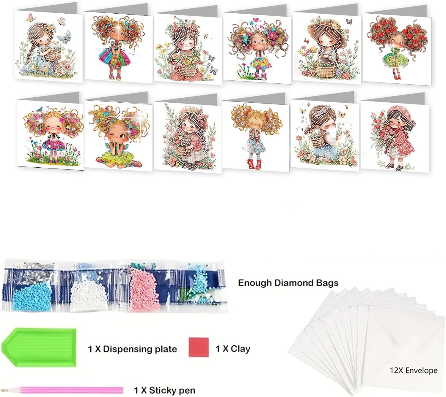 12 Pack Girl 5D Diamond Art Painting Greeting Cards Kit with Special Shaped Crystals, DIY Christmas Birthday Thank You Card Set with Envelopes, Creative Craft Gift for Family Friends