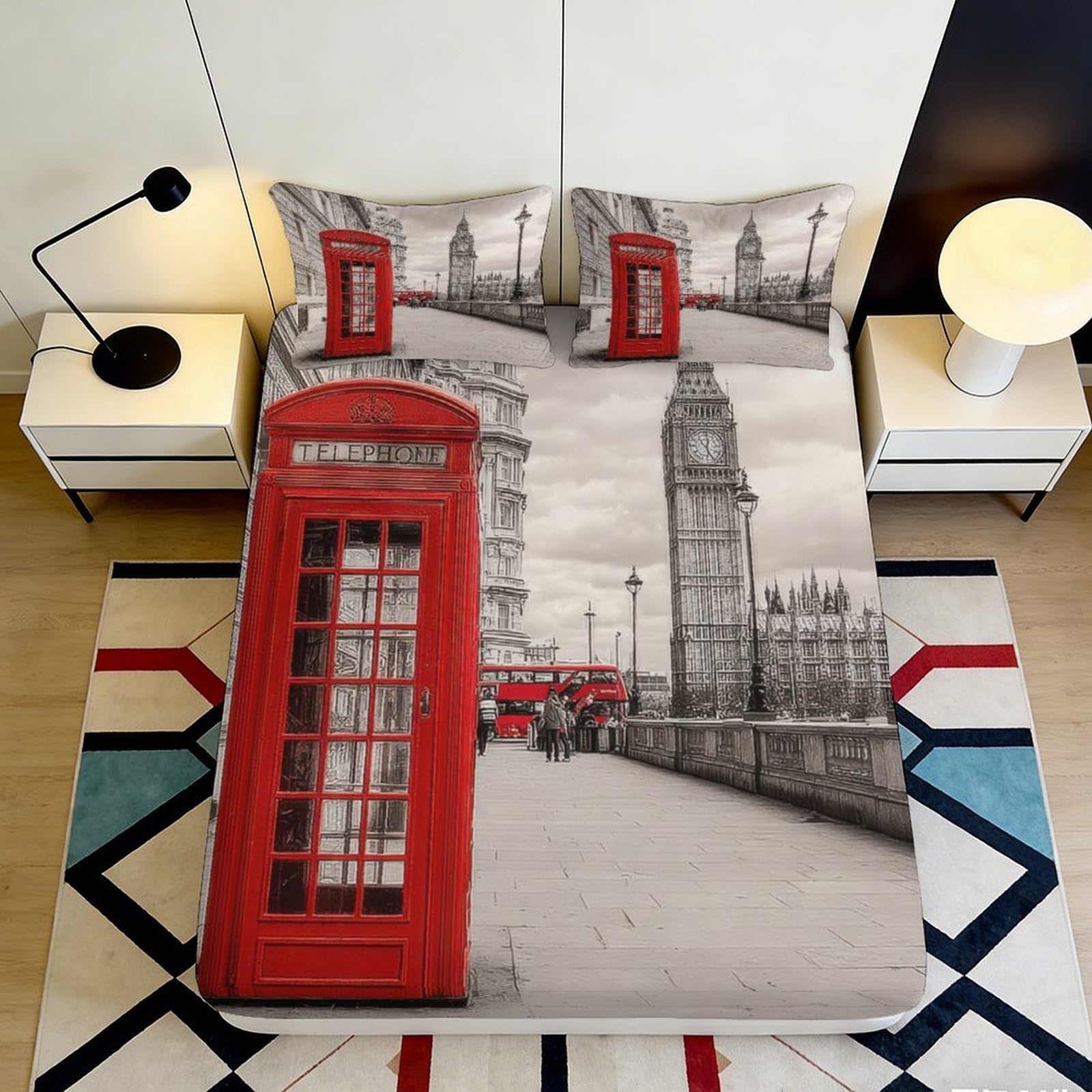 3D Printed London Red Phone Booth Fitted Sheet Microfiber Soft Breathable Big Ben Bed Cover for Bedroom Dorm Decor 90x200x25cm
