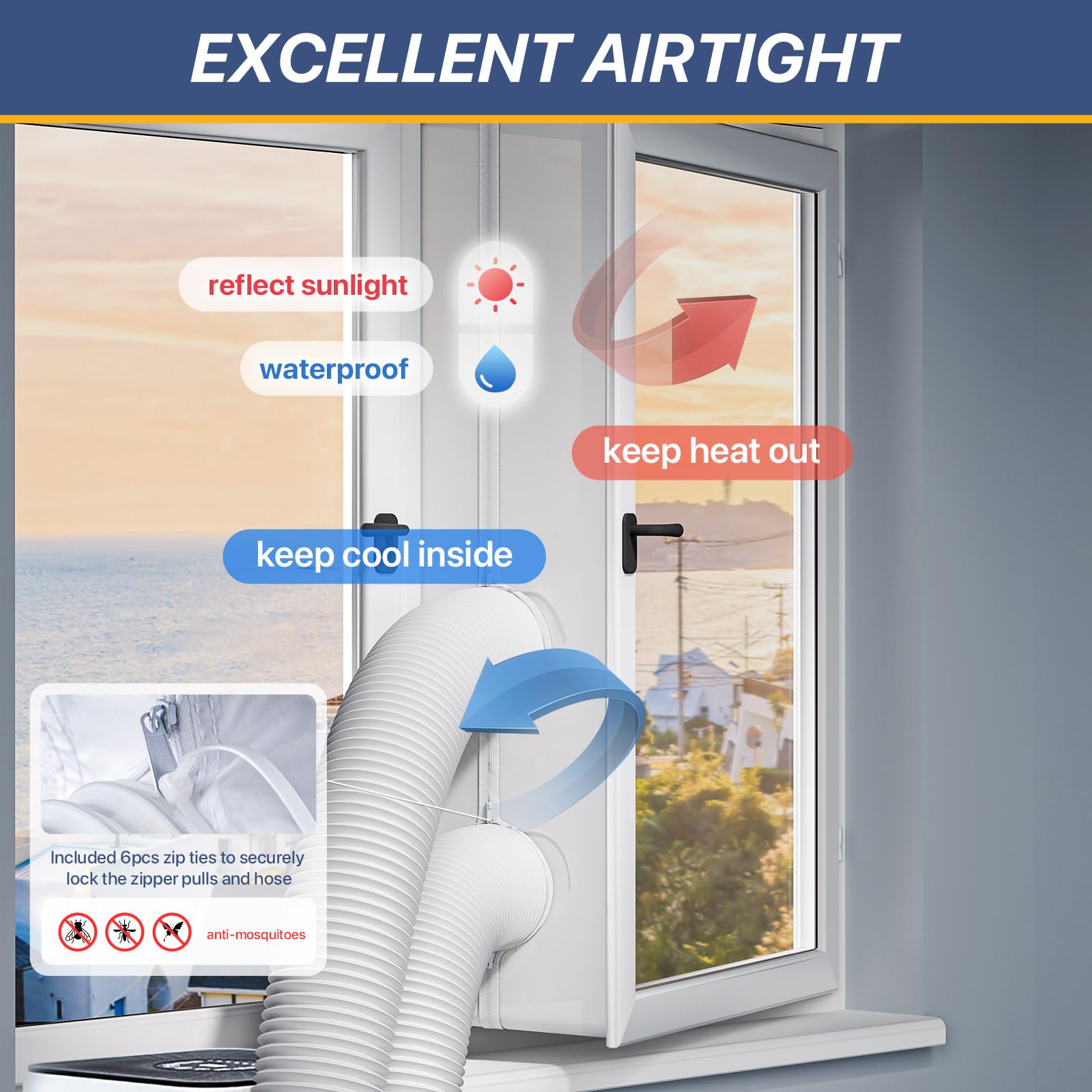 Loviga Sellado de ventanas de 300 cm para aparatos de aire acondicionado y secadores móviles, 100% impermeabilizante, fácil de instalar para ventanas batientes, manivelas, toldos, claraboyas