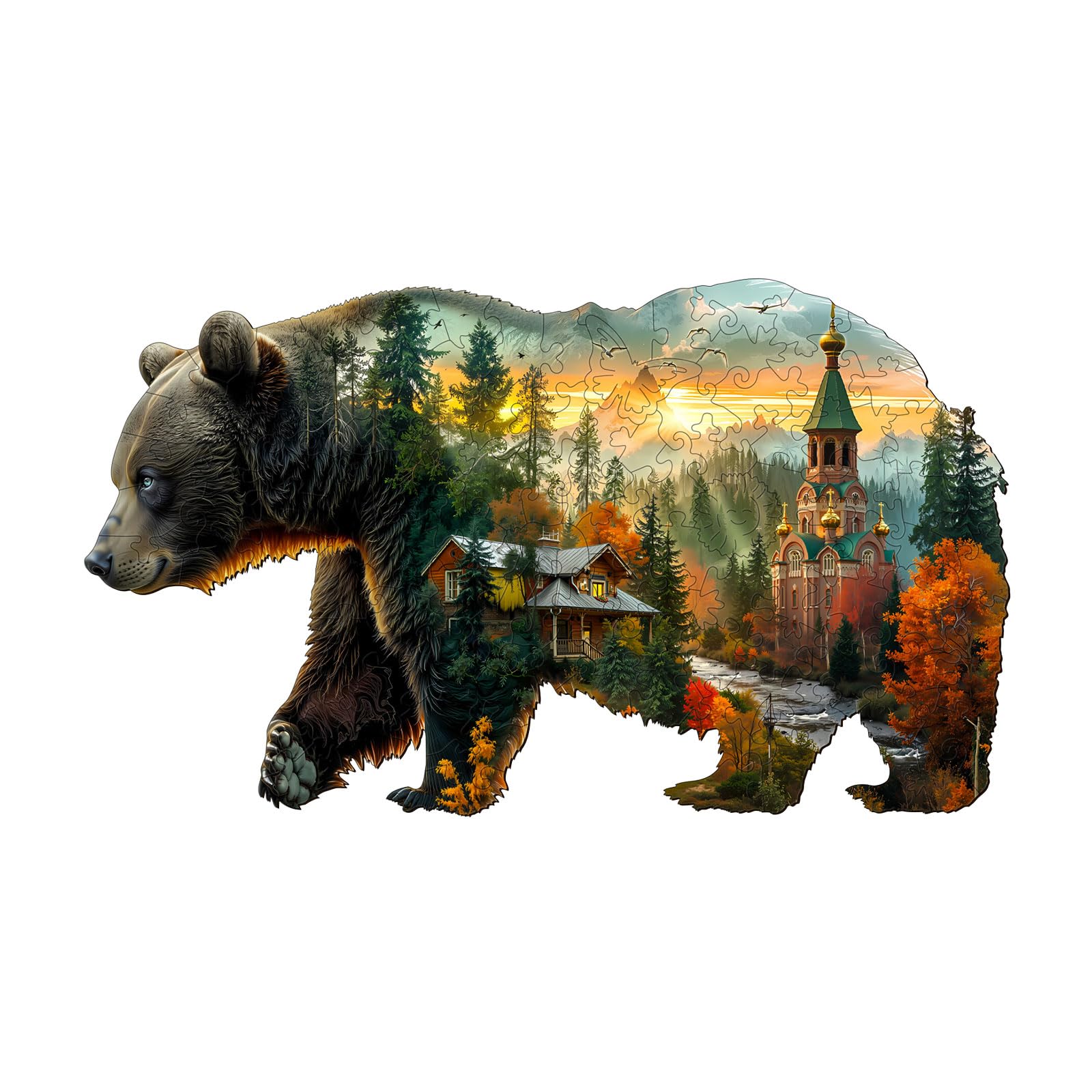 Jigfoxy Forest Bear Wooden Jigsaw Puzzles for Adults, 150pcs Unique Animal Shape Wood Puzzles, Birthday Gifts for Family Friend with wooden box(13.4 * 7.8in)
