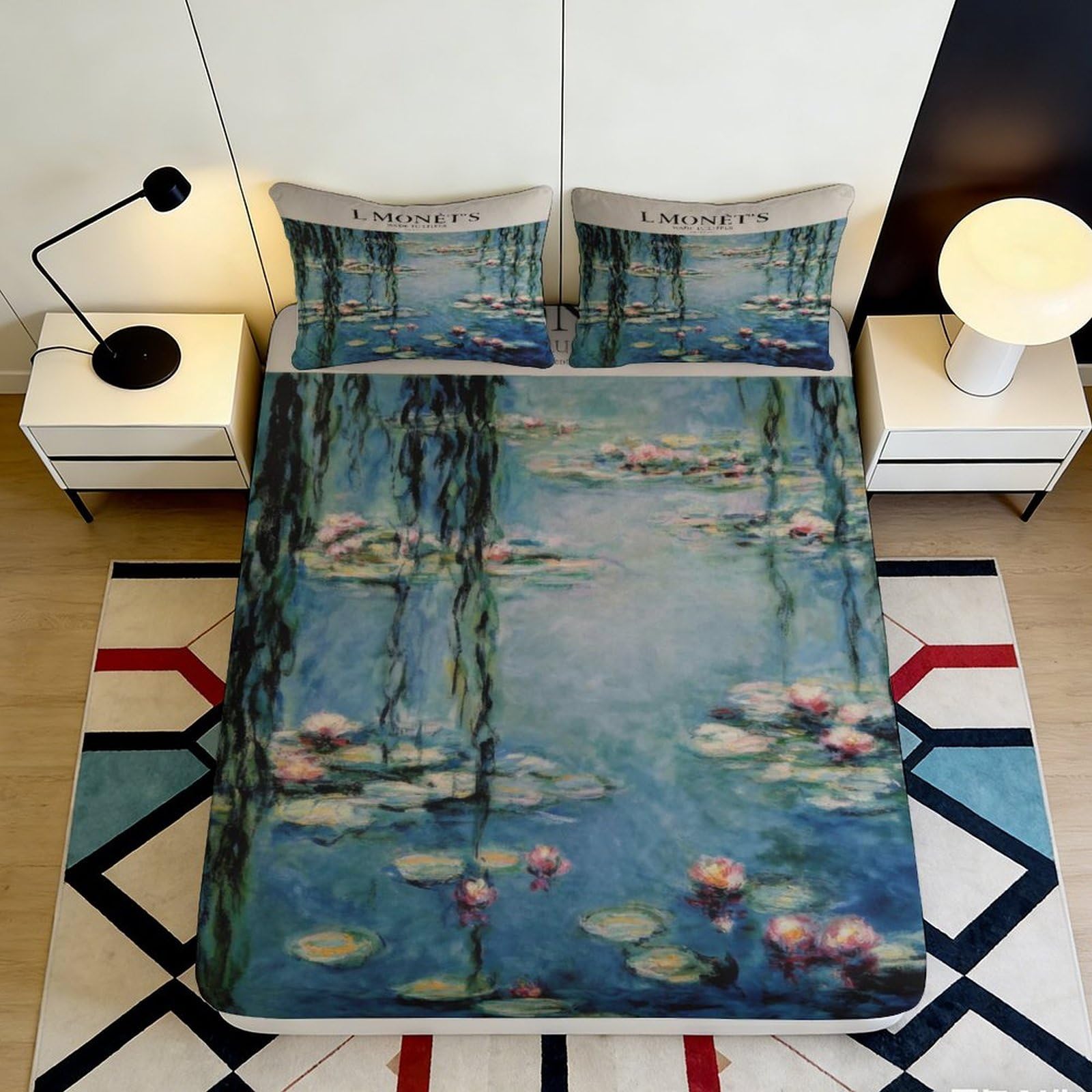 Pnayamiorkfel Style-8 3D Printed Water Lilies Fitted Sheet Microfiber Soft Blue Artistic Pond Bed Cover For Bedroom Guest Room Decor 90X200x25cm