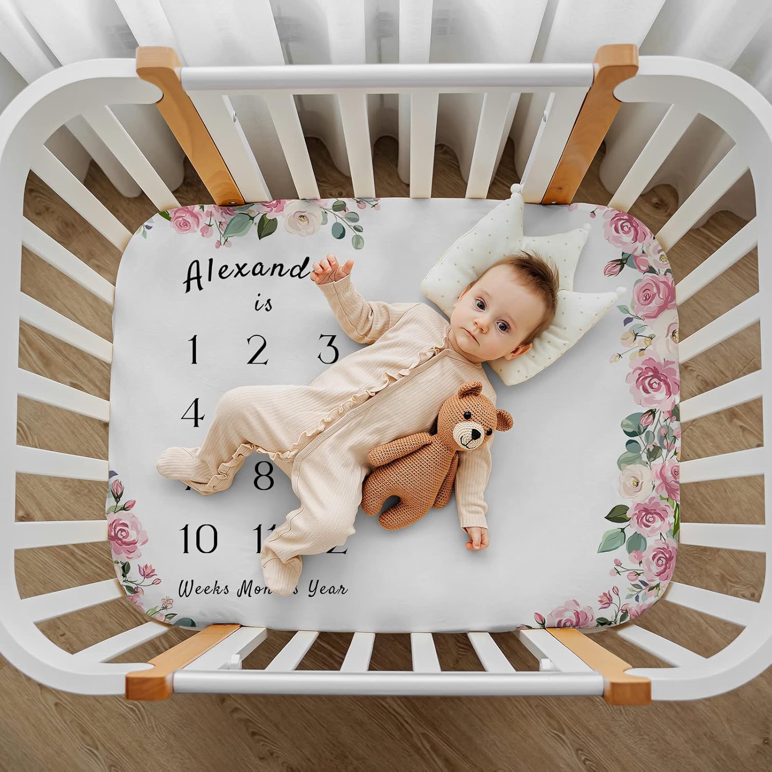 Artsadd Custom Baby Monthly Milestone Blanket with Name 40" x 50" - Personalized Baby Age Blanket with Growth Chart Blanket - Customized Newborns Floral Receiving Blankets for Girls Boys