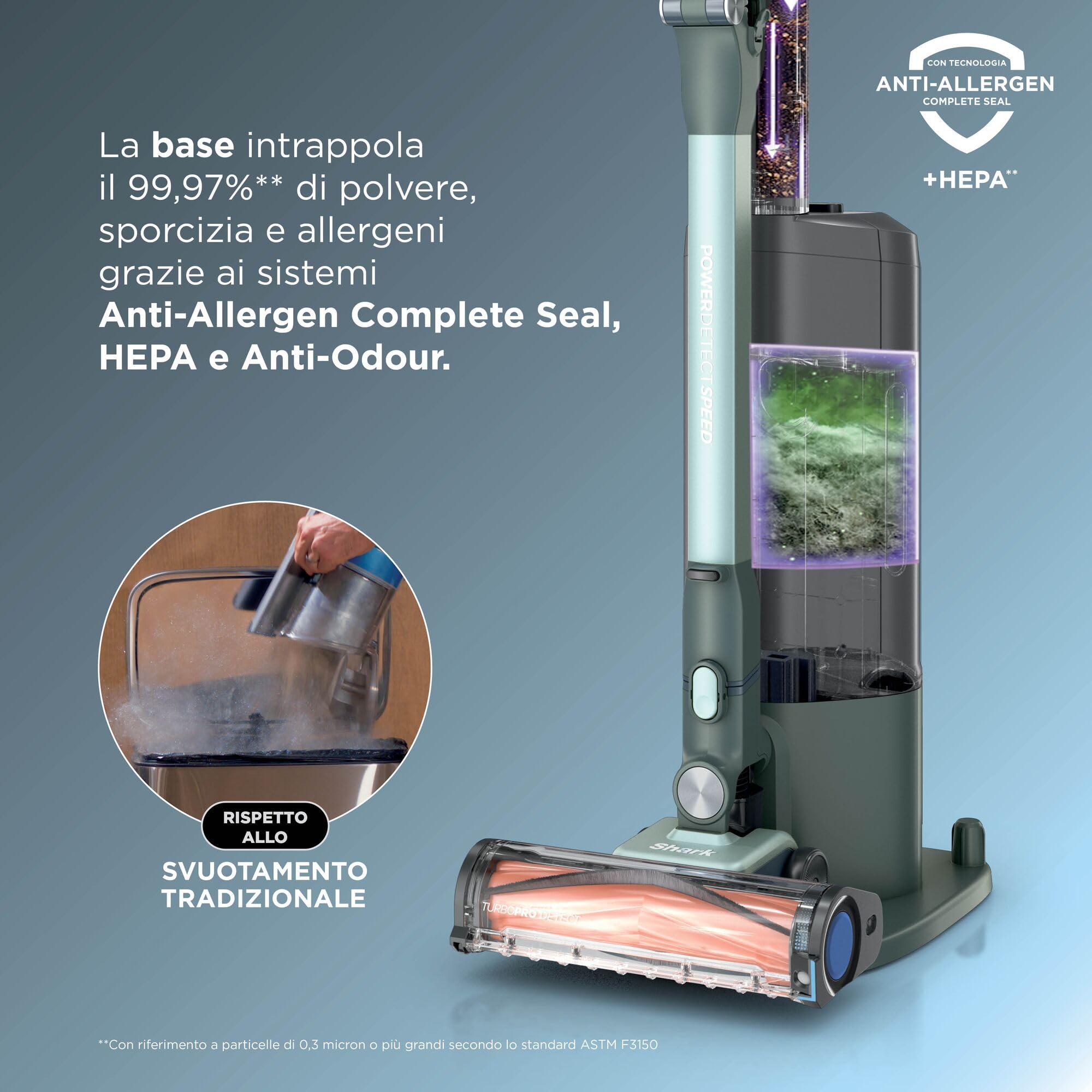 Shark Detect Speed Clean & Empty Pet Pro Aspirapolvere senza fili, Reverse Clean, autonomia fino a 60 minuti, base autosvuotante, accessorio per animali domestici, Colore Verde Salvia IA3243EUT