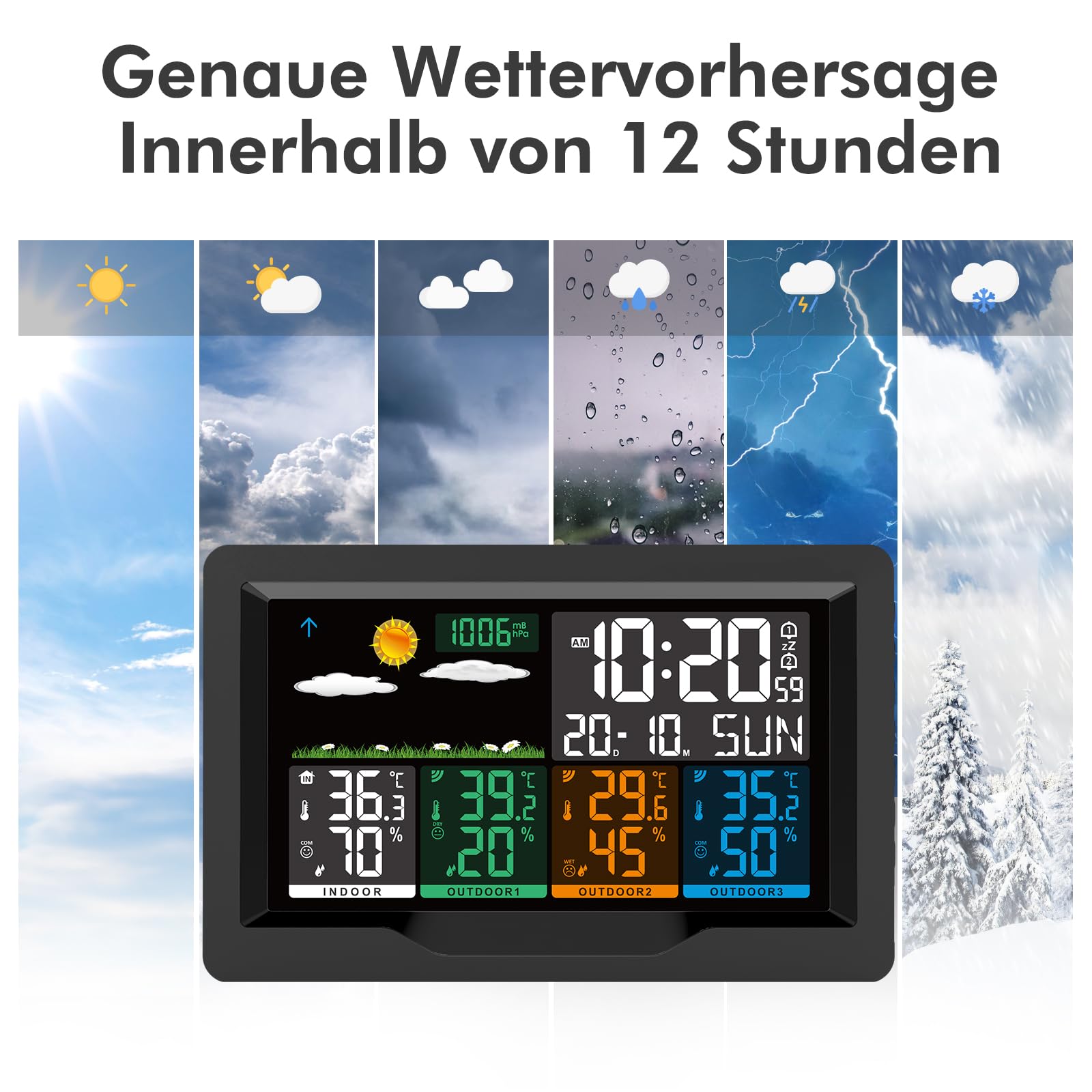 jely Wetterstation Funk mit 3 Außensensor Farbdisplay Funkwetterstationen Innen Thermometer Hygrometer Außen Termometerstation Funk Wetterstation mit Wettervorhersage, Temperatur, Luftfeuchtigkeit