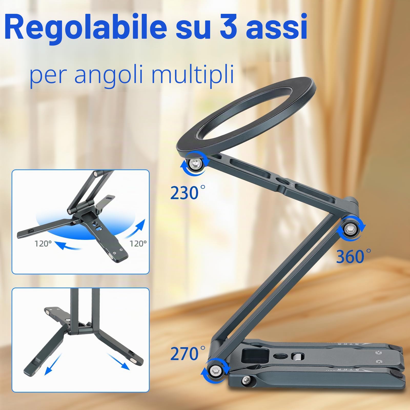 Leftfoto Supporto magnetico in metallo forte per telefono cellulare regolabile a 3 assi pieghevole mini treppiede da scrivania compatibile con iPhone 16/15 Pro Max/14 Pro/13/12/custodie MagSafe o