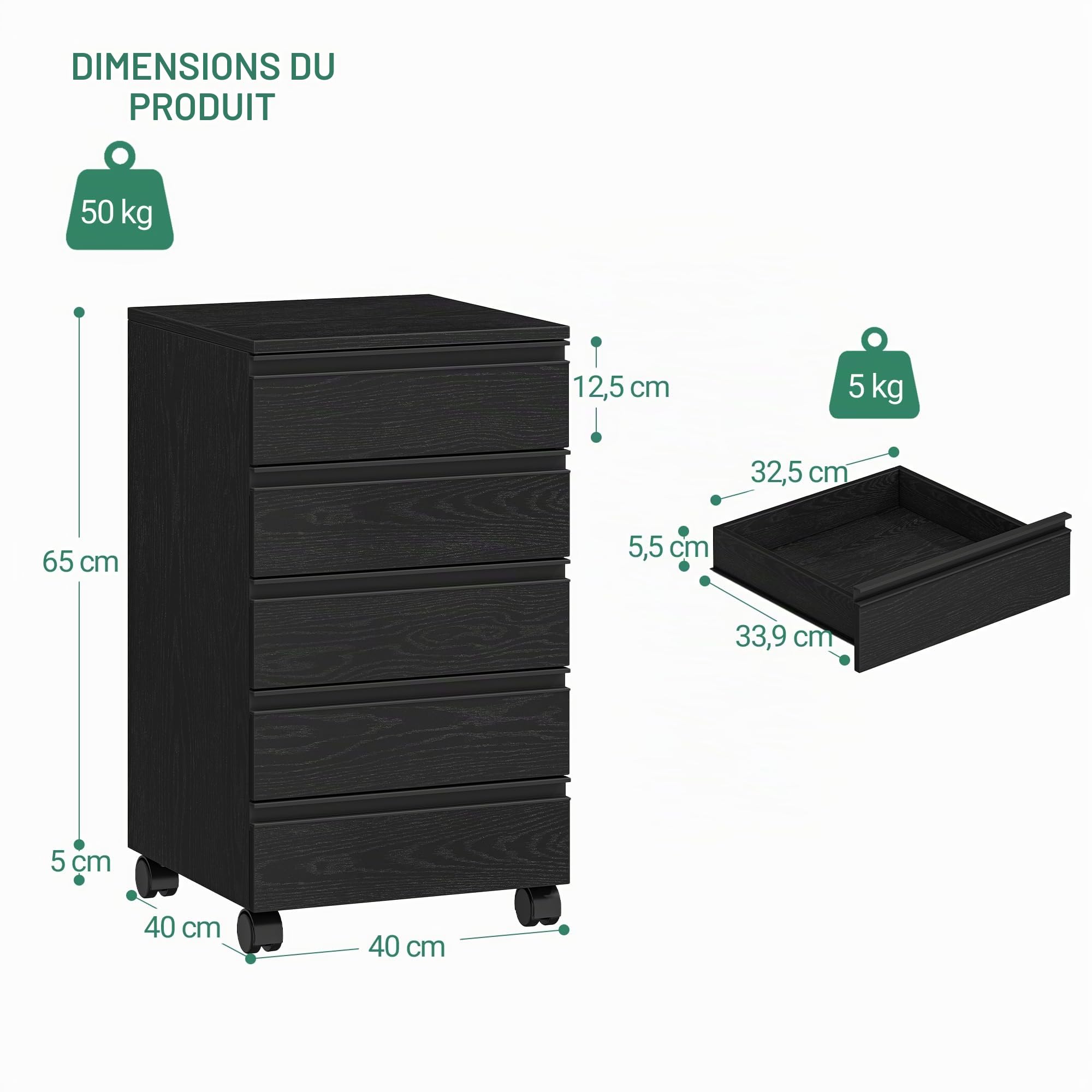 Hzuaneri Caisson de Bureau avec 5 tiroirs, Meuble de Bureau, Casier sur roulettes, Armoire à tiroirs pour télétravail, Noir 40 x 40 x 70 cm FC55504X