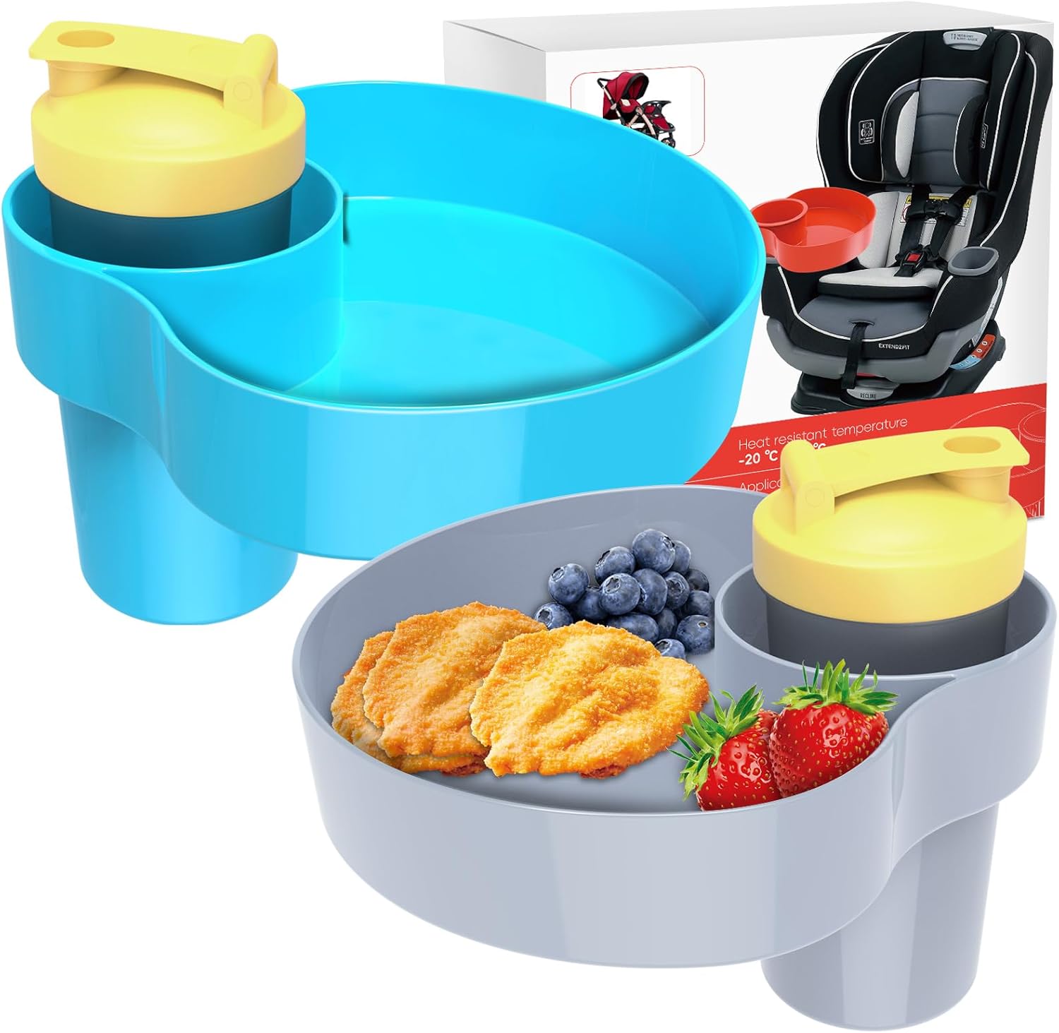 2 Packs Kids Car Seat Snack Tray, Travel Snack Tray for Kids Car Seat with Cup Holder, Toddlers Road Trip Essential Travel Snacks Food Plate Tray Gray&Blue