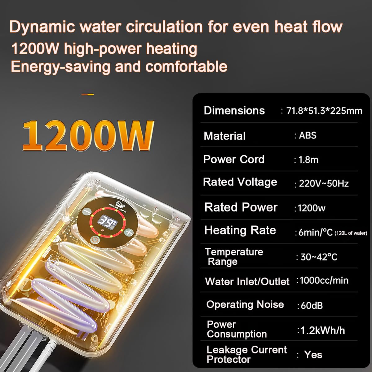 Riscaldatore Piscina-1200W Riscaldatore Per Vasca Da Bagno ，Separazione Acqua Ed Elettricità，Protezione Dal Surriscaldamento，Adatto Per Vasche Idromassaggio, Piccole Piscine