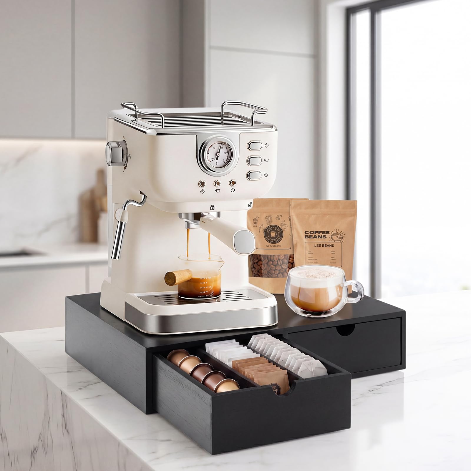 Cassetto porta cialde in legno, organizer per capsule di caffè, organizer per tazze da tè, 30 cialde, stazione da caffè da banco per supporto macchina, nero