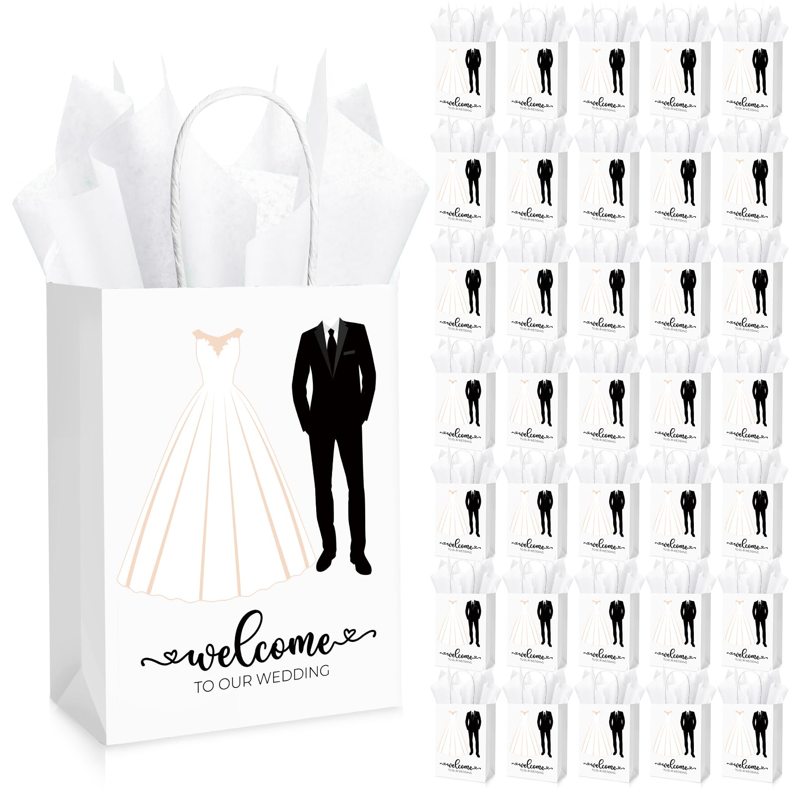 Zhanmai 100 Sets 5.91 x 3.15 x 8.27 Inches Wedding Welcome Bags with Sheets Tissue Paper and Handles Party Favor Bags Welcome to Our Wedding for