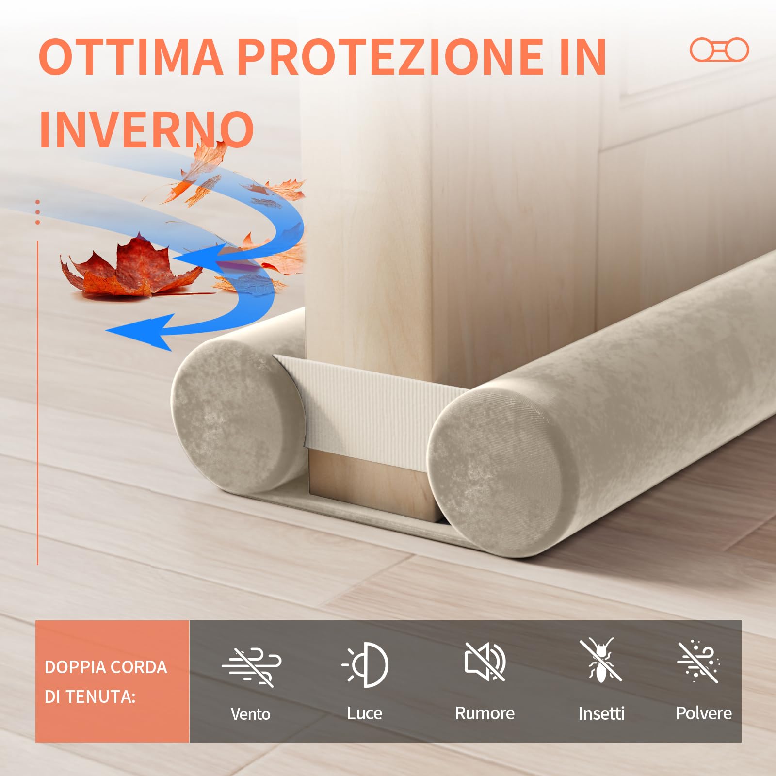 BKSAI Paraspifferi per Porte Guarnizione Inferiore Porte Senza Colla | Paraspifferi Doppia Guarnizione Isolante Termico Insonorizzato Antivento, Paraspifferi Sottoporta per Porte 80-100 cm Beige
