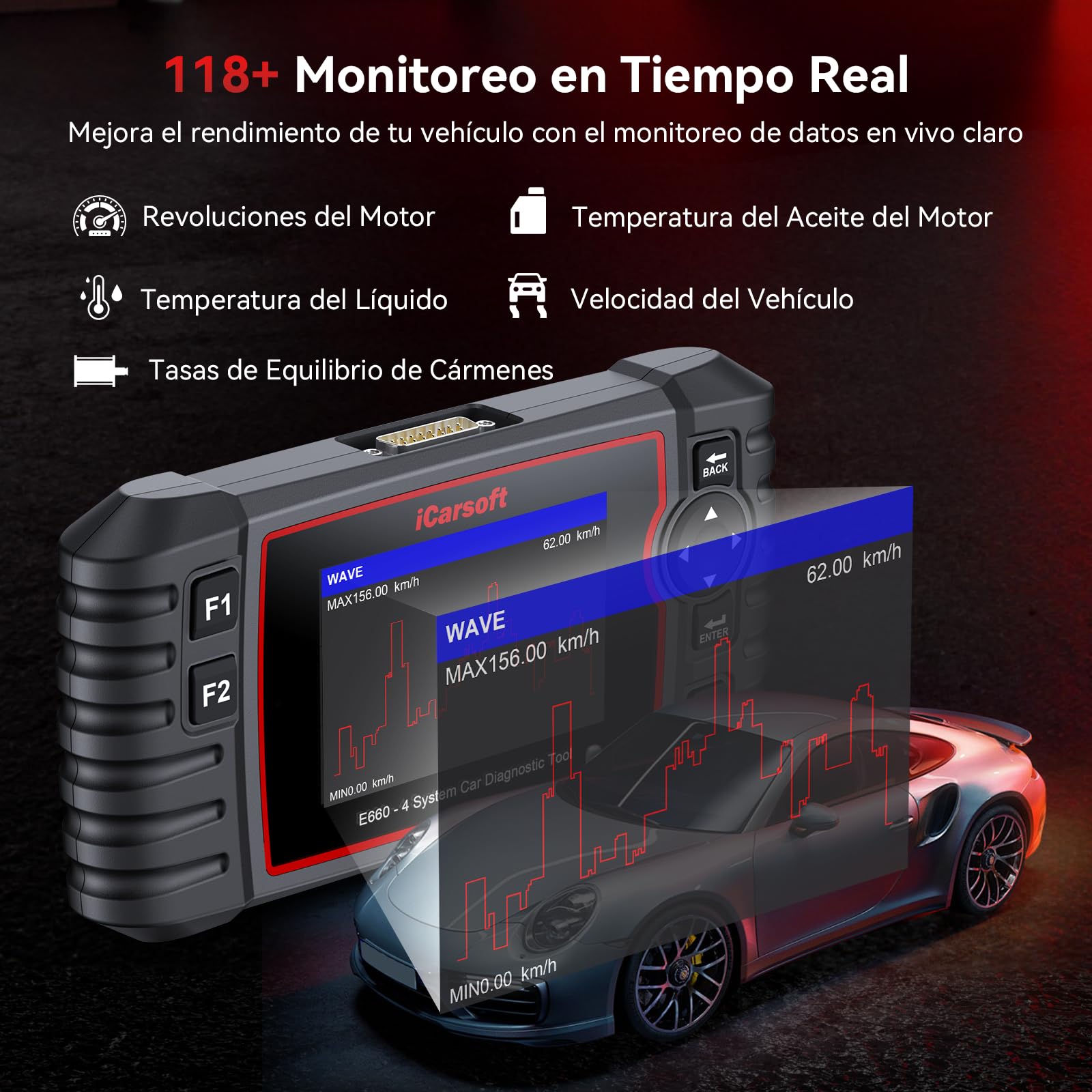 iCarsoft E660 OBD2 Máquina Diagnosis Coche Multimarca, Escáner de Coche para Motor, ABS, SRS y Transmisión, Detector Fallos Coche con 6 Funciones Reinicio, Prueba de Batería