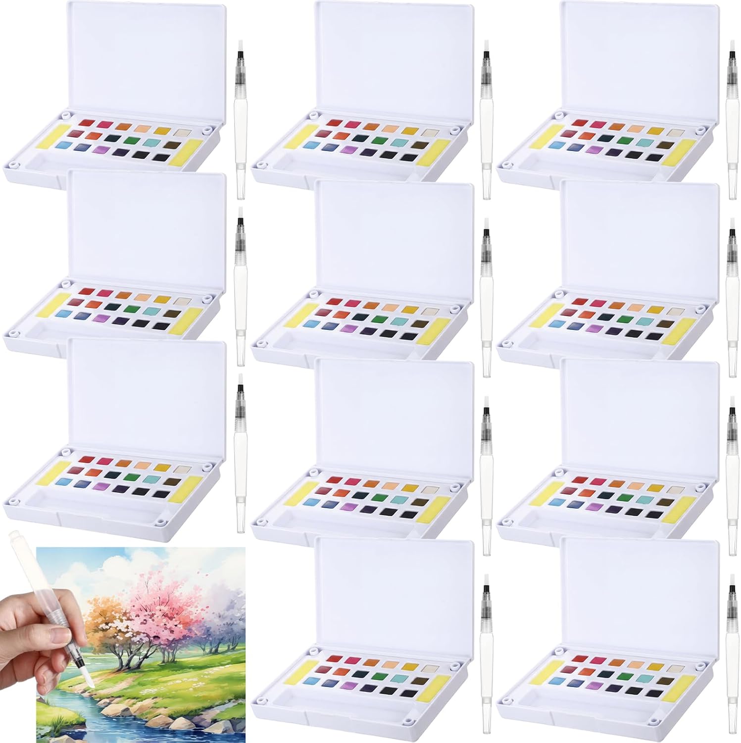 Marspark 12 Pcs Travel Watercolor Paint Set Portable Water Color Paint Kit with Water Brush Pocket Field Sketch Art Supplies Gift for Artists Beginner Painters Painting (12 Color with 1 Brush Per Set)