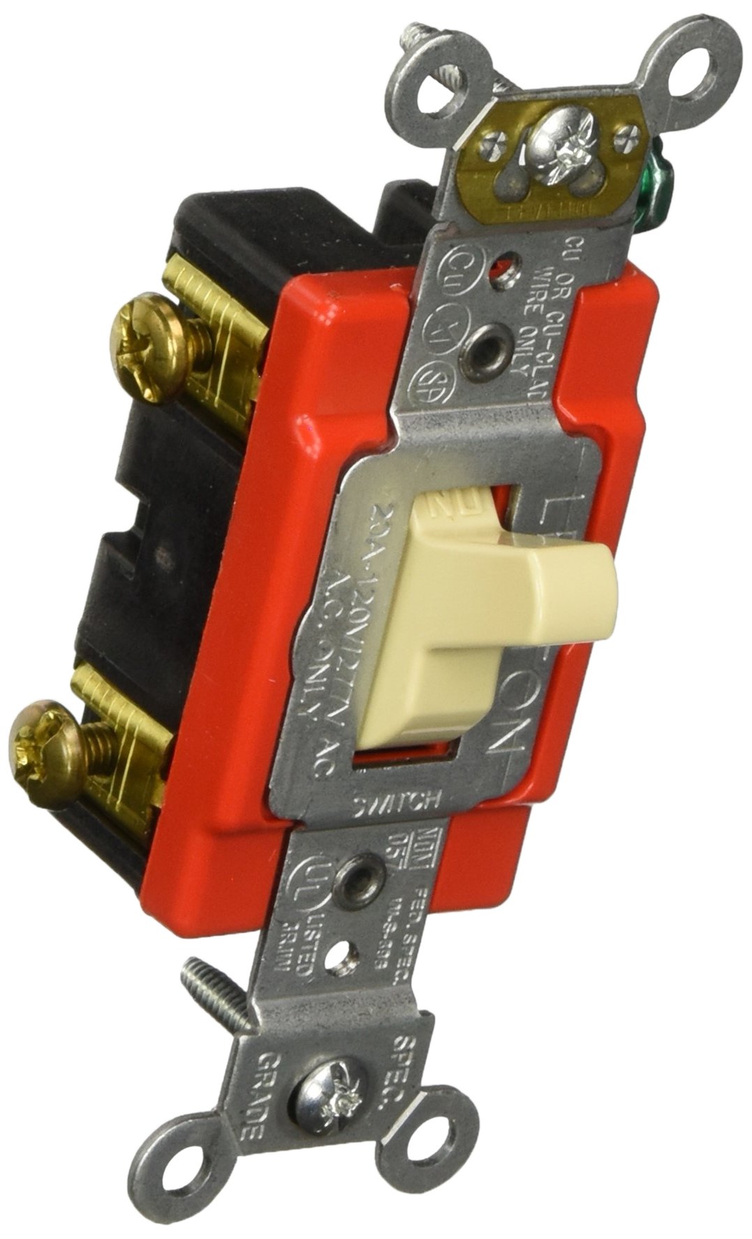 Leviton 1221-7LI 20-Amp, 277 Volt, Toggle Lighted Handle, Illuminated Off Single-Pole AC Quiet Switch, Extra Heavy Duty Grade, Self Grounding, Ivory