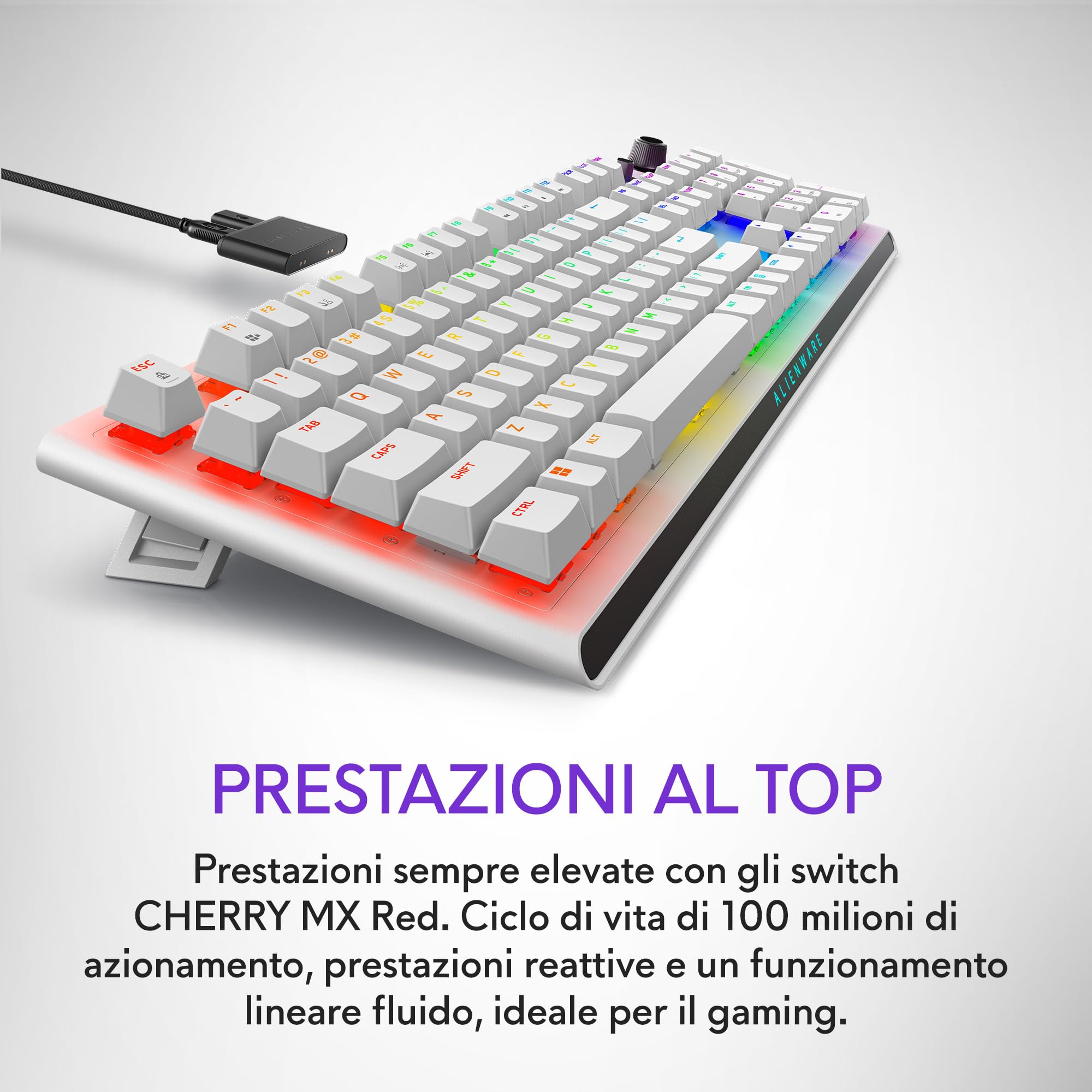 Alienware AW920K Tastiera Tri-Mode Wireless Gaming – Connettività Tri-Mode, Retroilluminazione AlienFX RGB, Switch CHERRY MX Red, Ricarica Magnetica, Qwerty Lunar Light