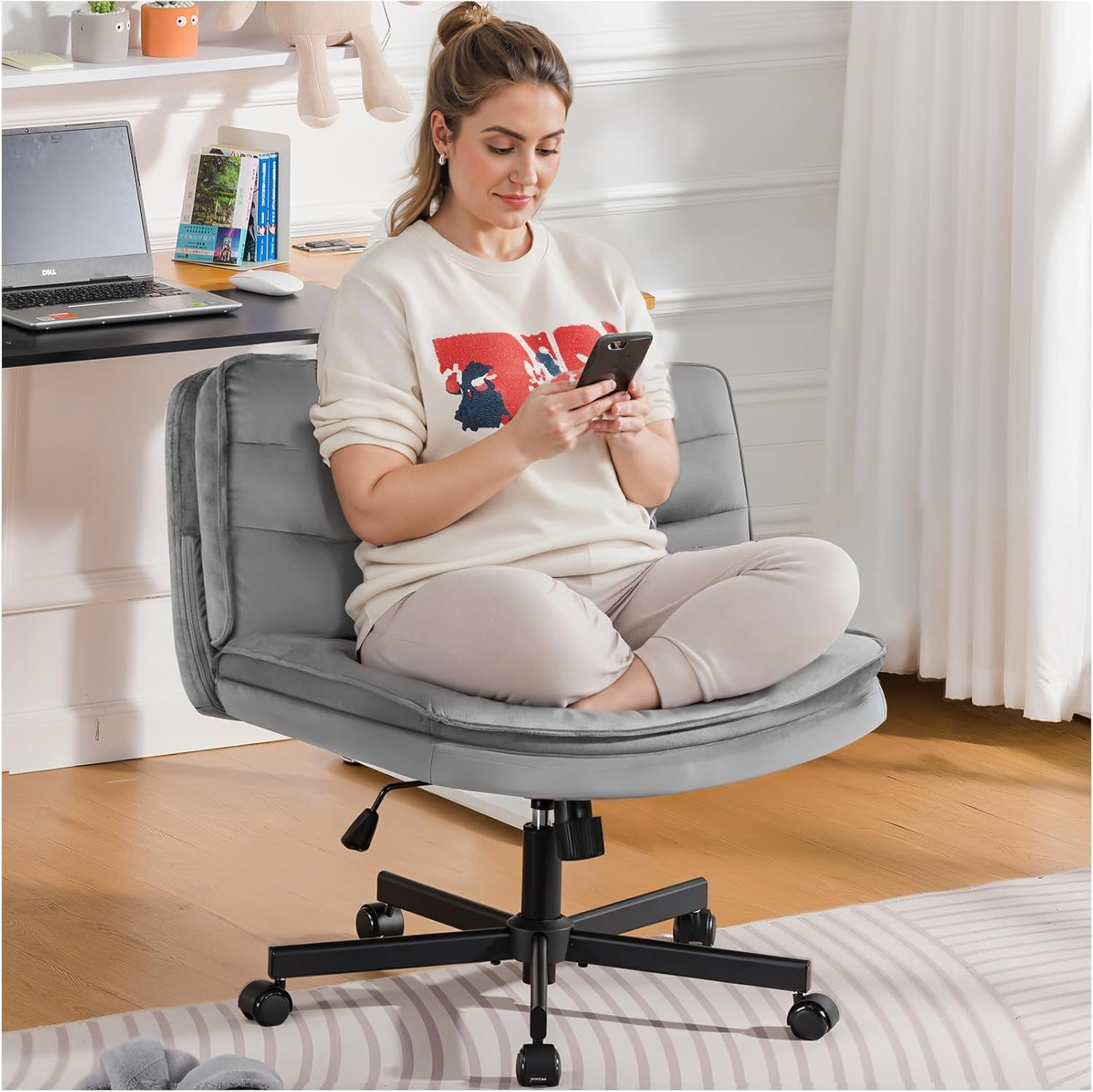 COMHOMA Criss Cross Office Chair with Wheels Armless Desk Chair Comfy, Modern Vanity Chair for Home Bedroom, Comfortable Wide Seat for Lower Back Pain Relief, Soft Velvet, Gray