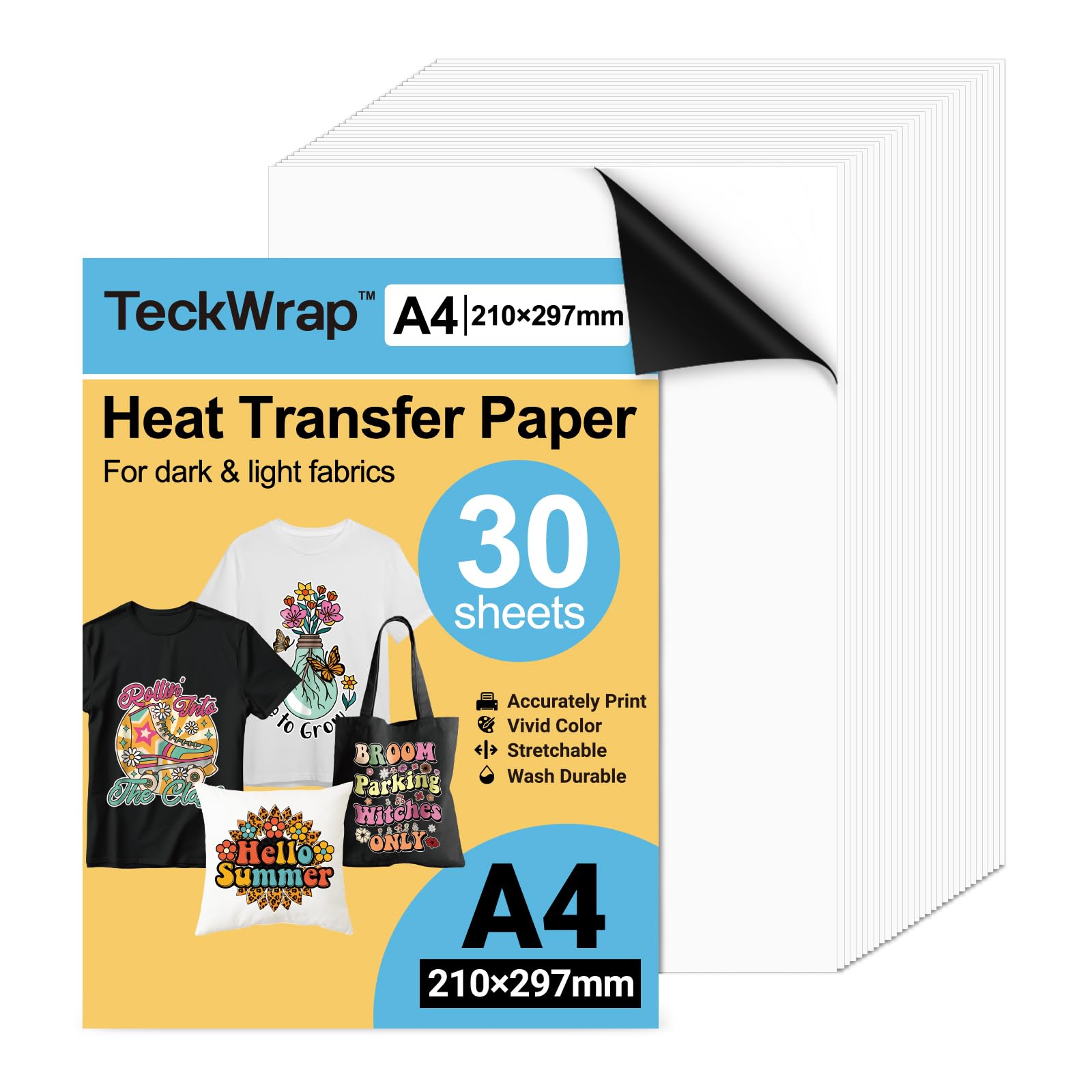 TECKWRAP Printable Heat Transfer Paper for T-Shirts 30 Sheets, 8.3" X 11.7" Printable Heat Transfer Vinyl for Inkjet Printer, Iron on Transfer Paper for Light and Dark Fabric (Matte)