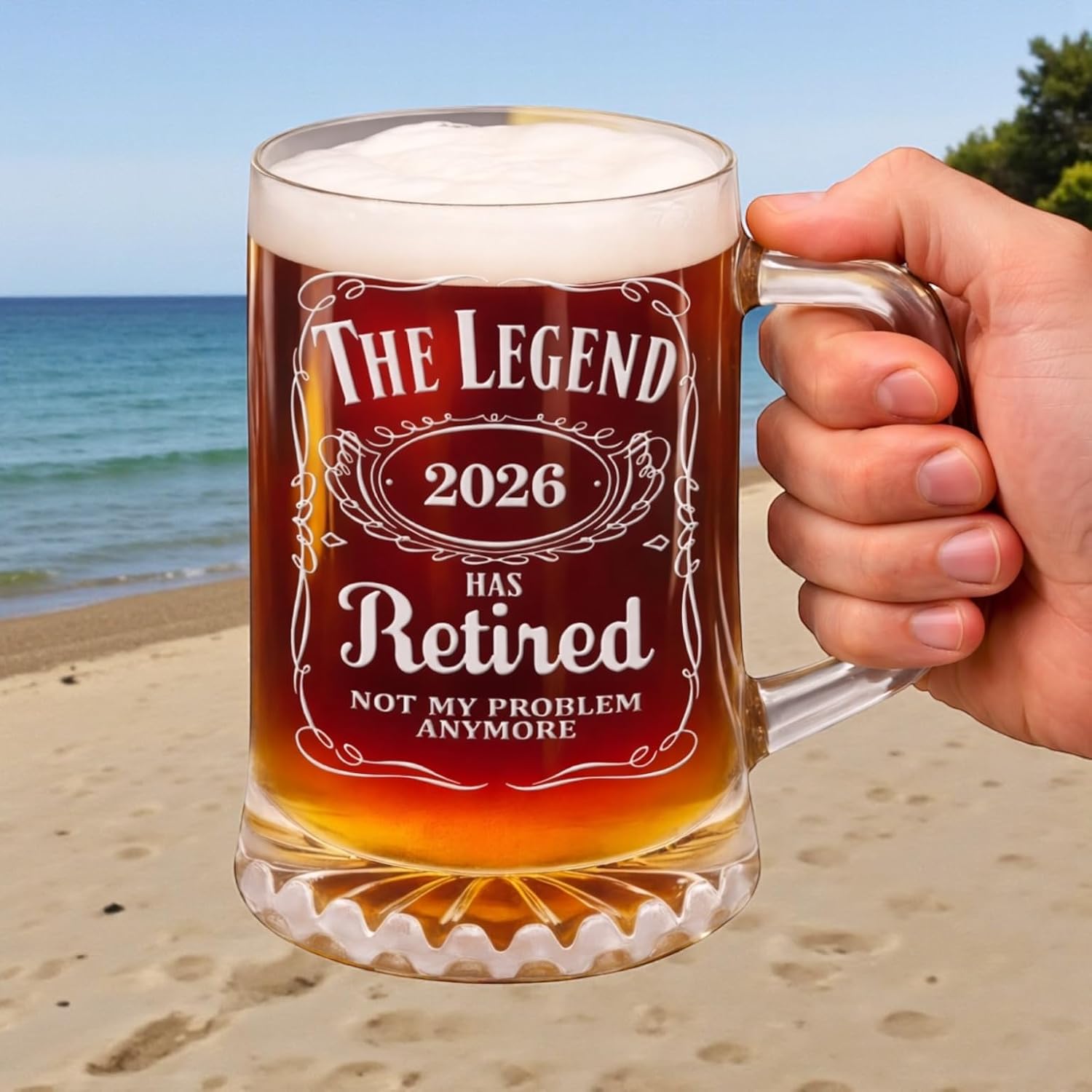 2026 Retirement Beer Glass – The Legend Has Retired Engraved Beer Stein – Large 25oz Etched Glass Mug, Retirement Gift for Men & Women