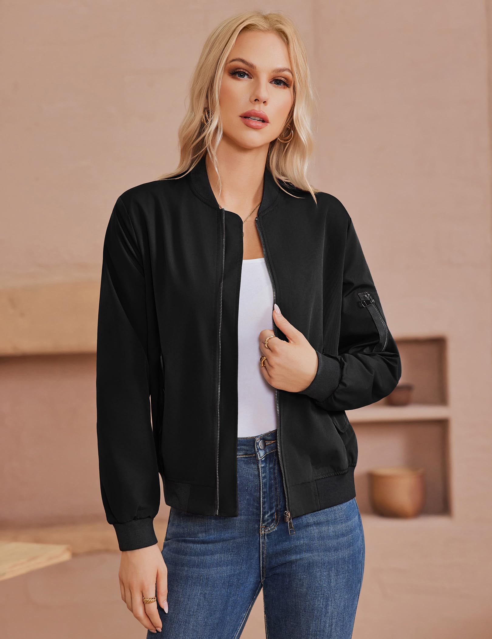 Zeagoo Chaqueta Bomber Mujer Ligera Corta Otoño Invierno Manga Larga Cremallera Cazadora Casual XS-3XL