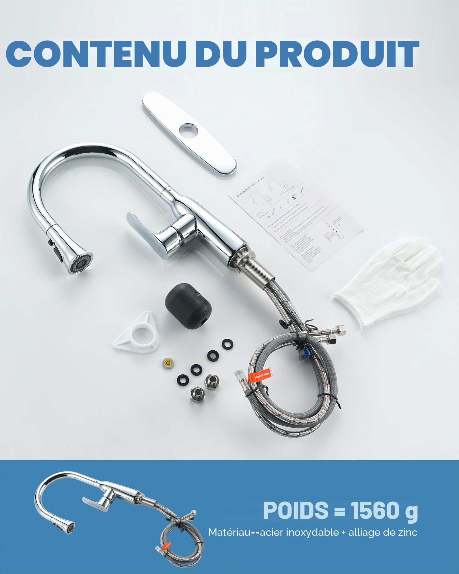 ARCORA Robinet de Cuisine avec Douchette Extractible, Haut Bec Rotatif à 360°, Robinetterie Mitigeur Cuisine Eau Chaude et Froide Réglable, Cartouche en Céramique, pour Évier de Cuisine Haut, Chromé