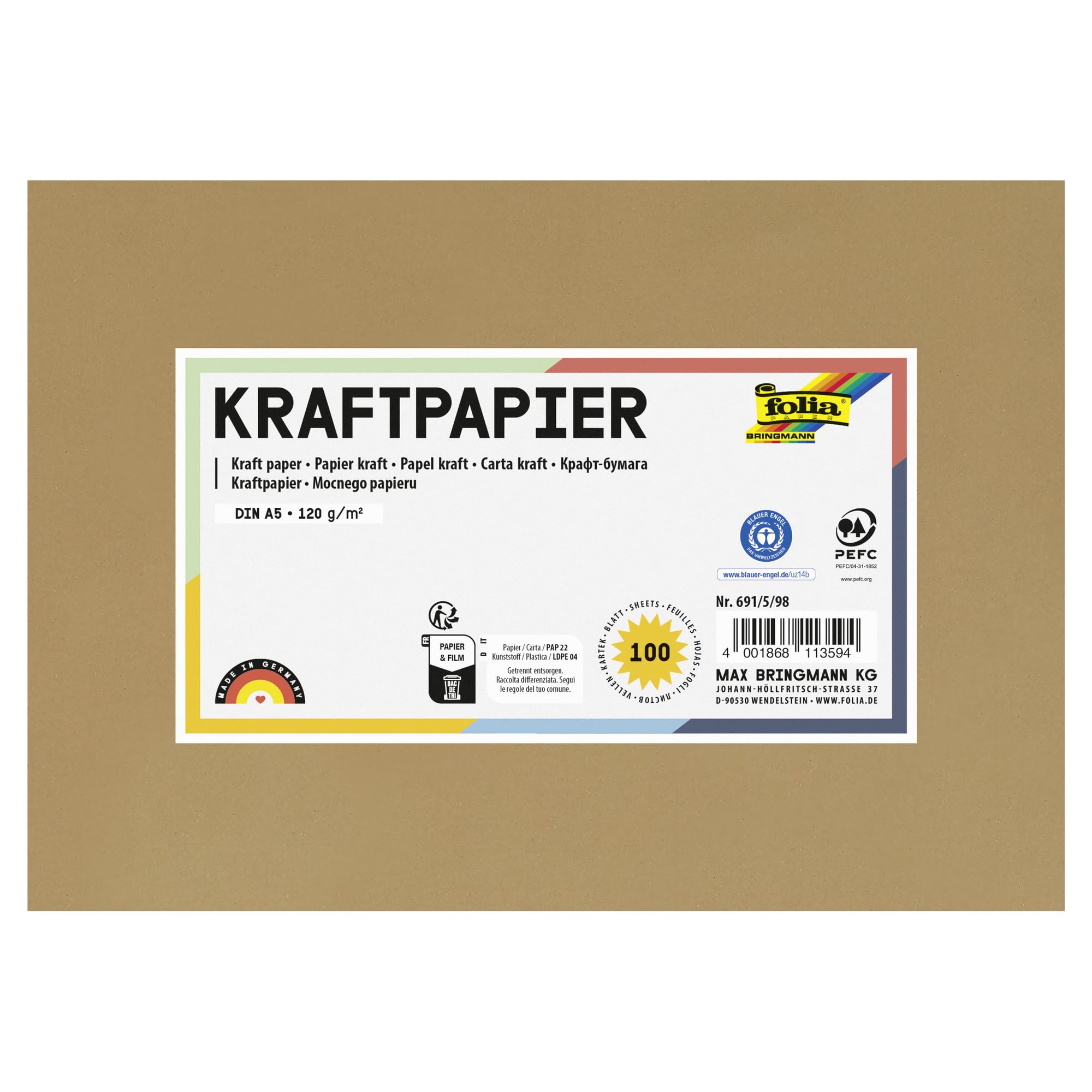 folia 691/5/98 – Kraft Paper Natural, 120 g/m², DIN A5, 100 Sheets, for Individual Crafting and Designing of Greeting Cards, Invitations, Place Cards, etc.