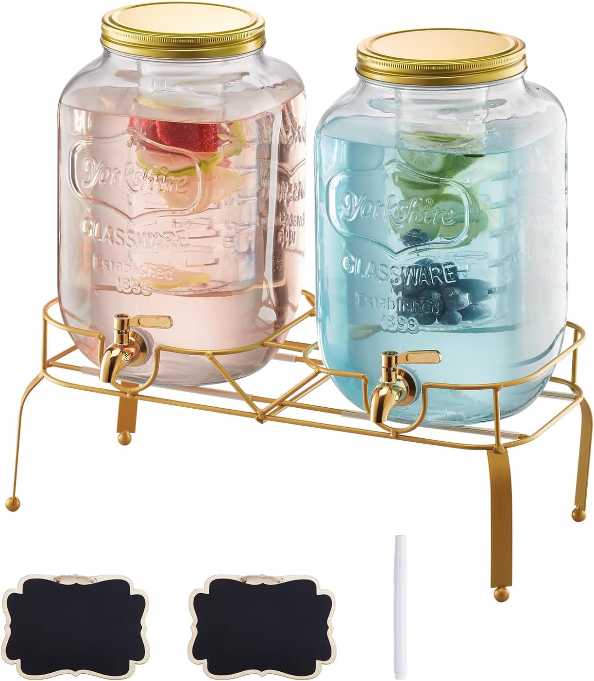 VEVOR Beverage Dispenser, 2 Pack 2 Gallon Drink Dispensers for Parties, Glass Juice Dispenser with Metal Stand, Stainless Steel Spigot, Infuser, Iced Tea Lemonade Juice Water Dispensers for Parties