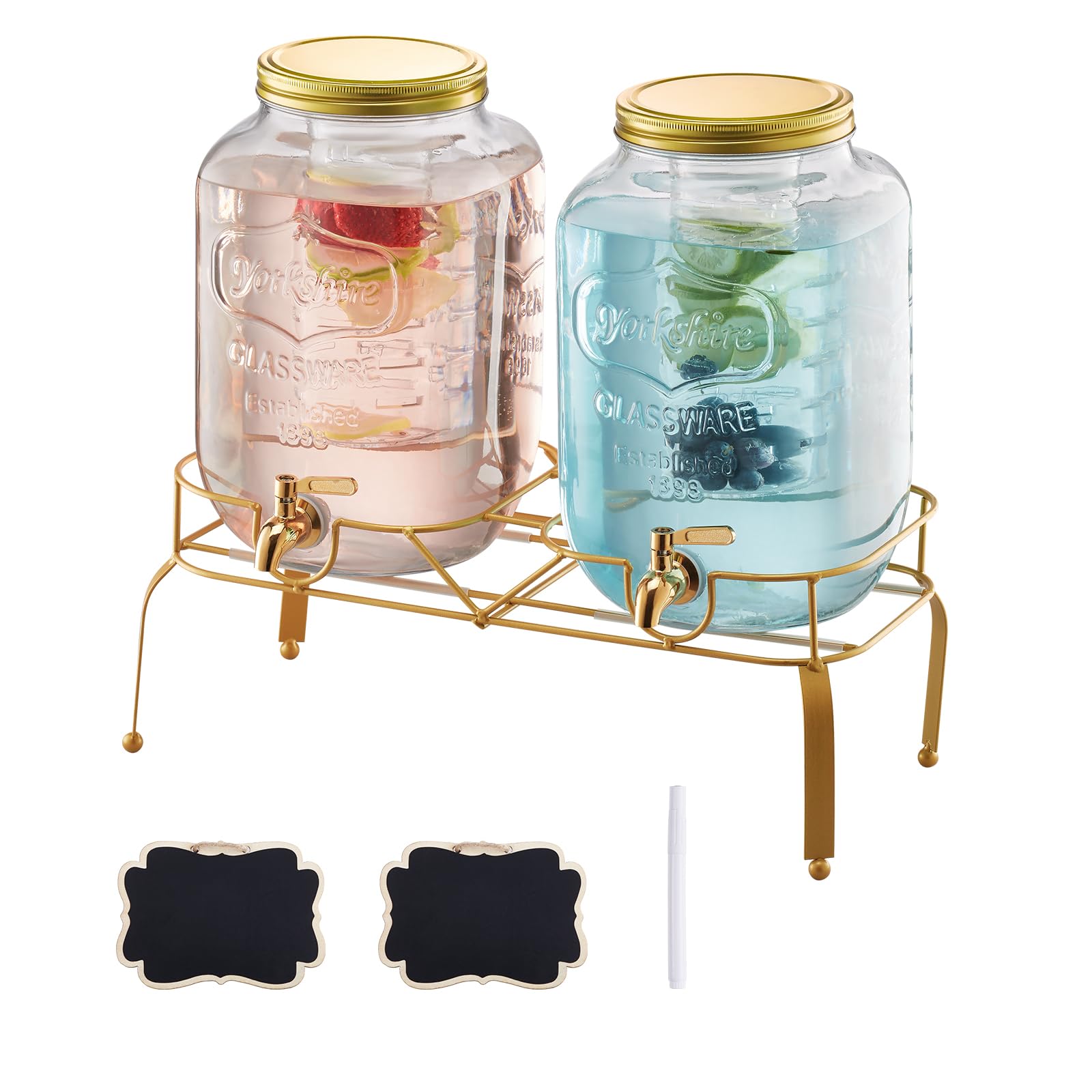 VEVOR Distributore di Bevande, 2 Pezzi da 8 L, Contenitore di Succhi in Vetro con Supporto in Metallo, Rubinetto in Acciaio Inox, Infusore, Distributore di Tè Freddo, Limonata, per Feste