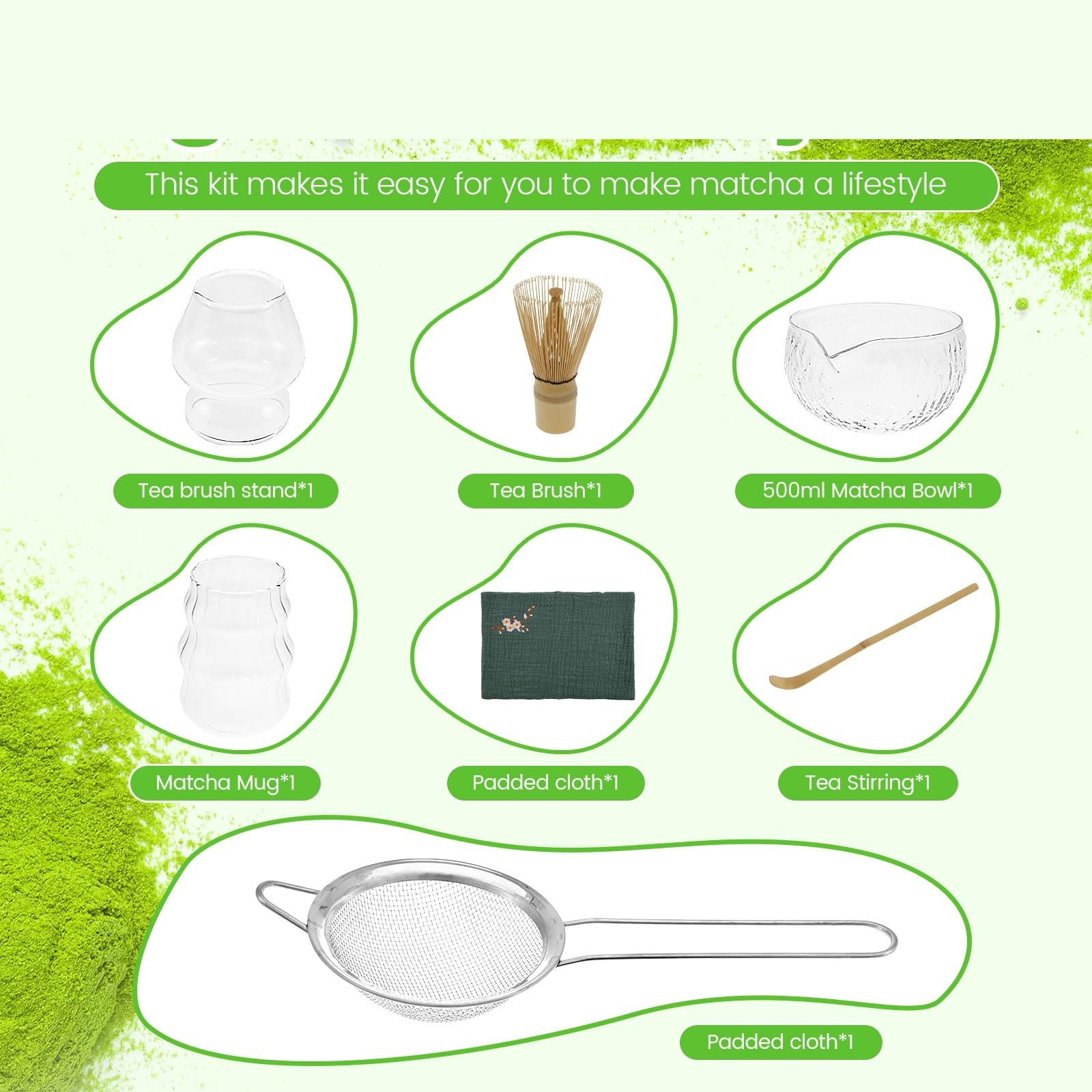 Juego de 7 batidores matcha vidrio transparente, kit for preparar con cuenco, taza y batidor for amantes del té Te matcha kit