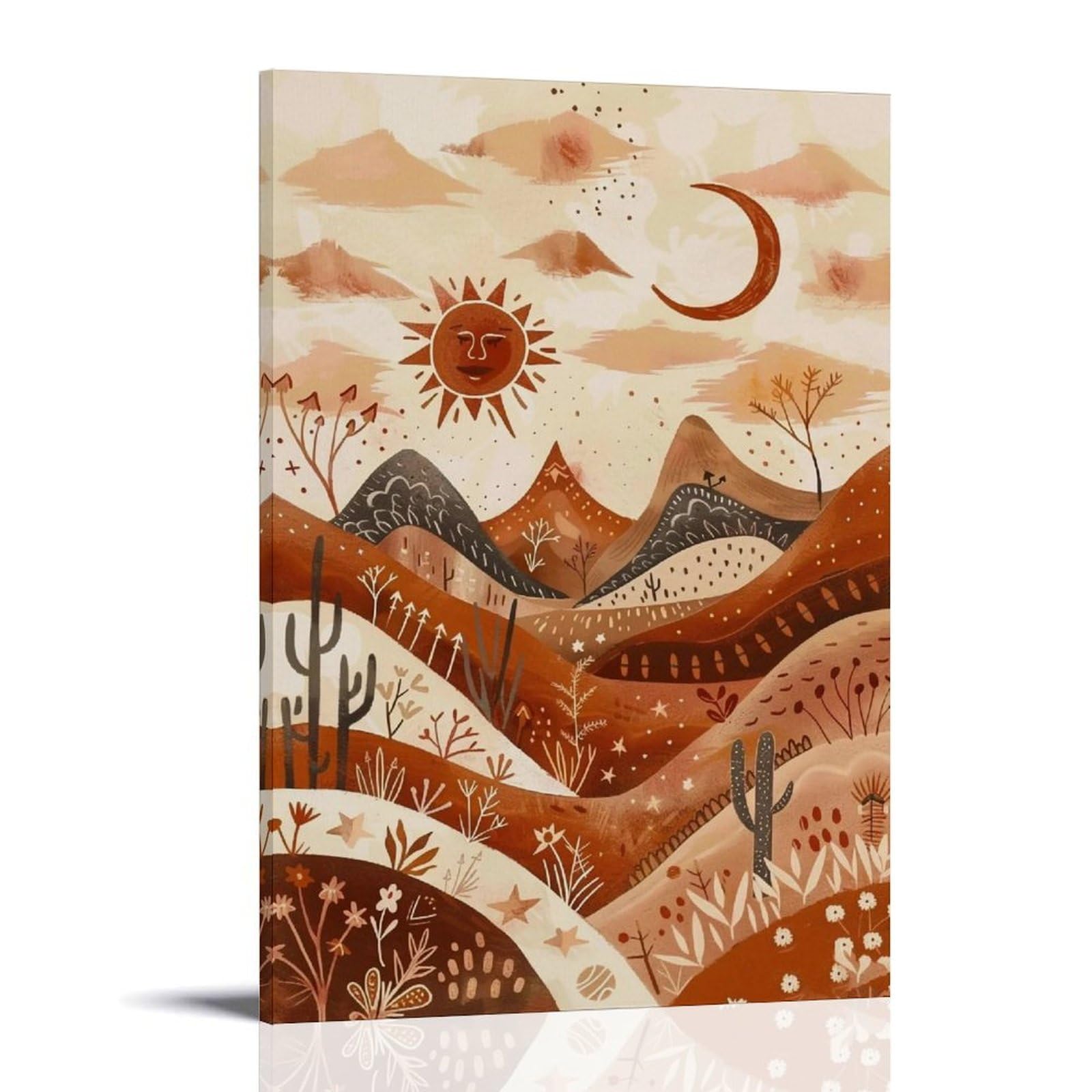 MGHTGRWE Earth Tone Folk Pattern Arid Mountain Cactus Motif 04 Poster Wall Art Canvas Vintage Aesthetic Painting Decor for Rooms 16x24inch Frame-style