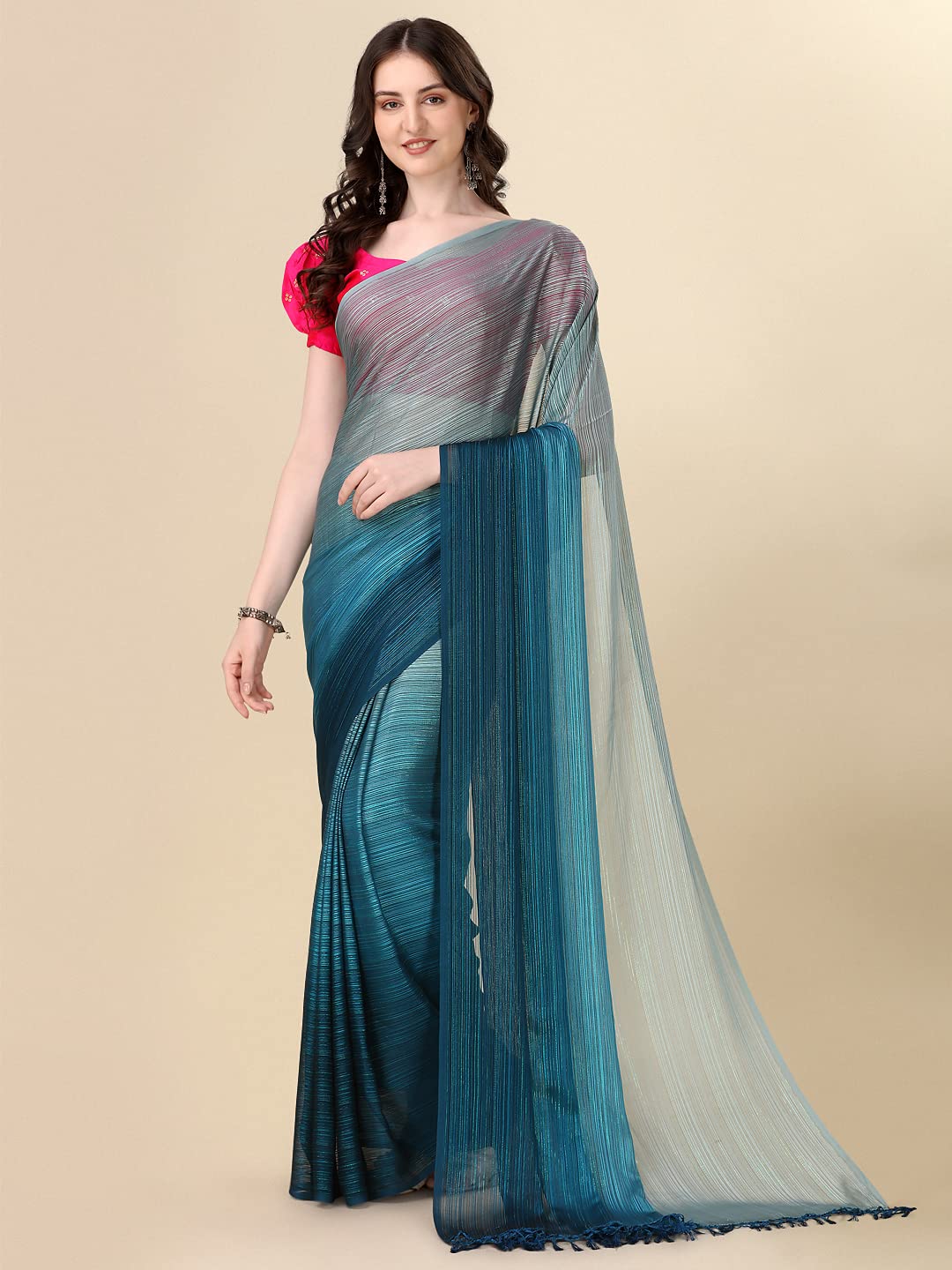 Pratham Blue Women's Sequins Silk Fancy Saree With Blouse Piece (Pb-324_Blue)