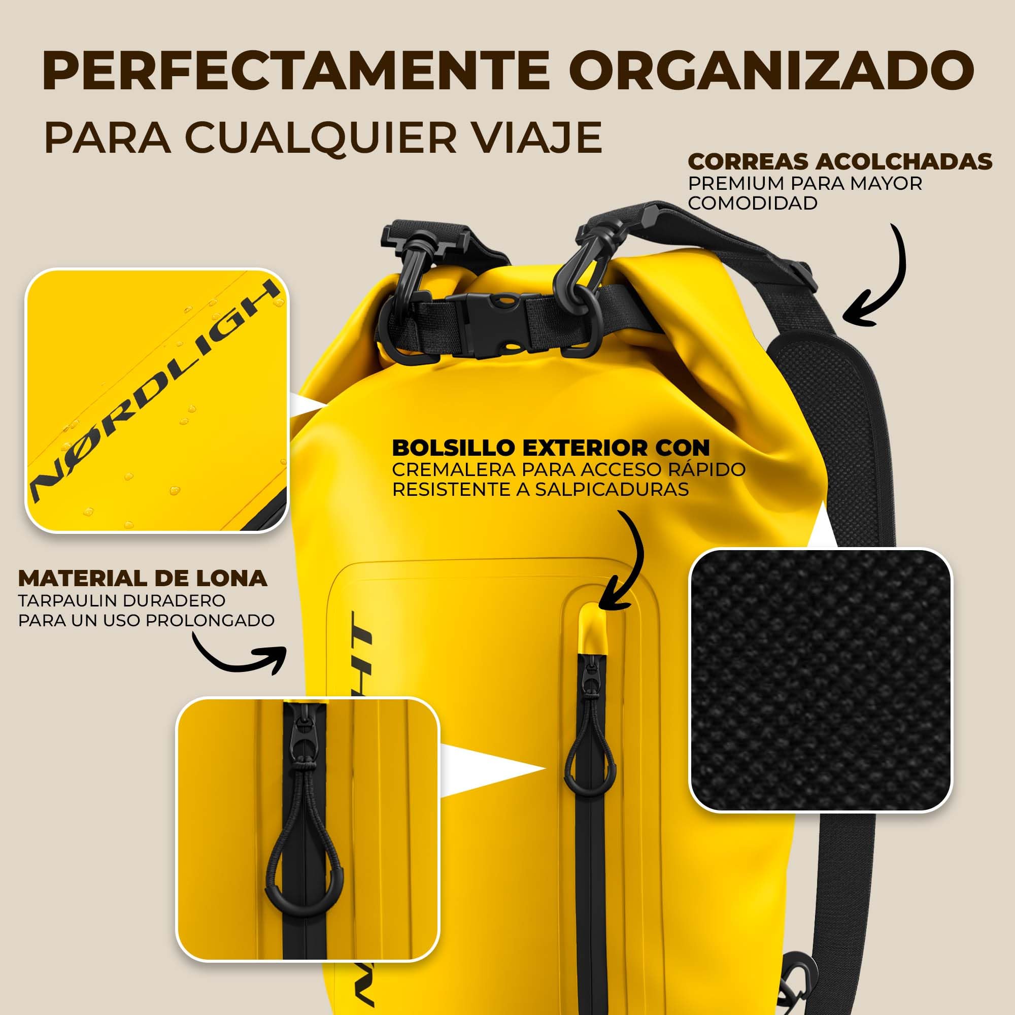 Nordlight Bolsa Estanca Impermeable + Funda para Móvil, Cierre Enrollable, Correa para Hombro | Drybag Mochila Impermeable Saco Estanco Bolsa de Transporte Náutica | Playa Sup - Amarillo, 30 litros