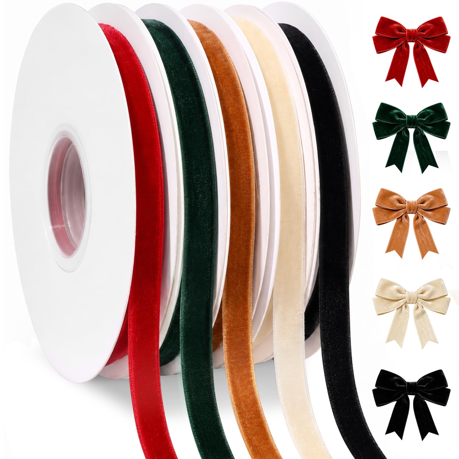 Velvet Ribbon Set,5 Rolls Single Faced Spool Velvet Ribbon, 3/8" x 50Yd