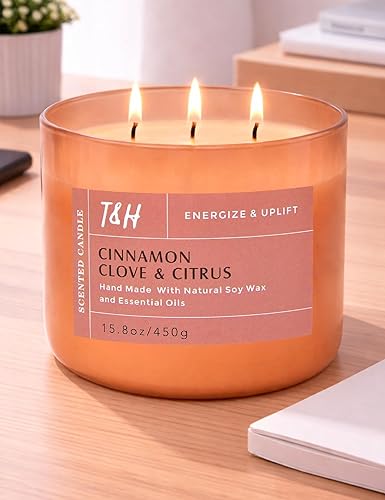 Miniatura 8 de Vela de soja de 3 mechas de canela y clavo y cítricos, grande de 15.8 onzas, velas perfumadas de naranja especiada para el hogar, vela de larga