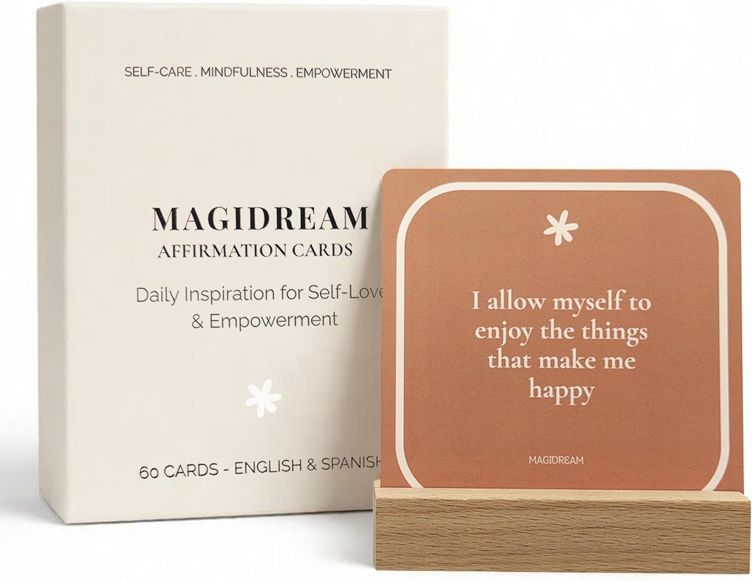 Positive Affirmation Cards, 60 Daily Affirmations with Display Stand, Self-Care and Mindfulness Cards, English on One Side and Spanish on the Other, Mindful Desk Decor and Inspirational Gift - MAGIDREAM