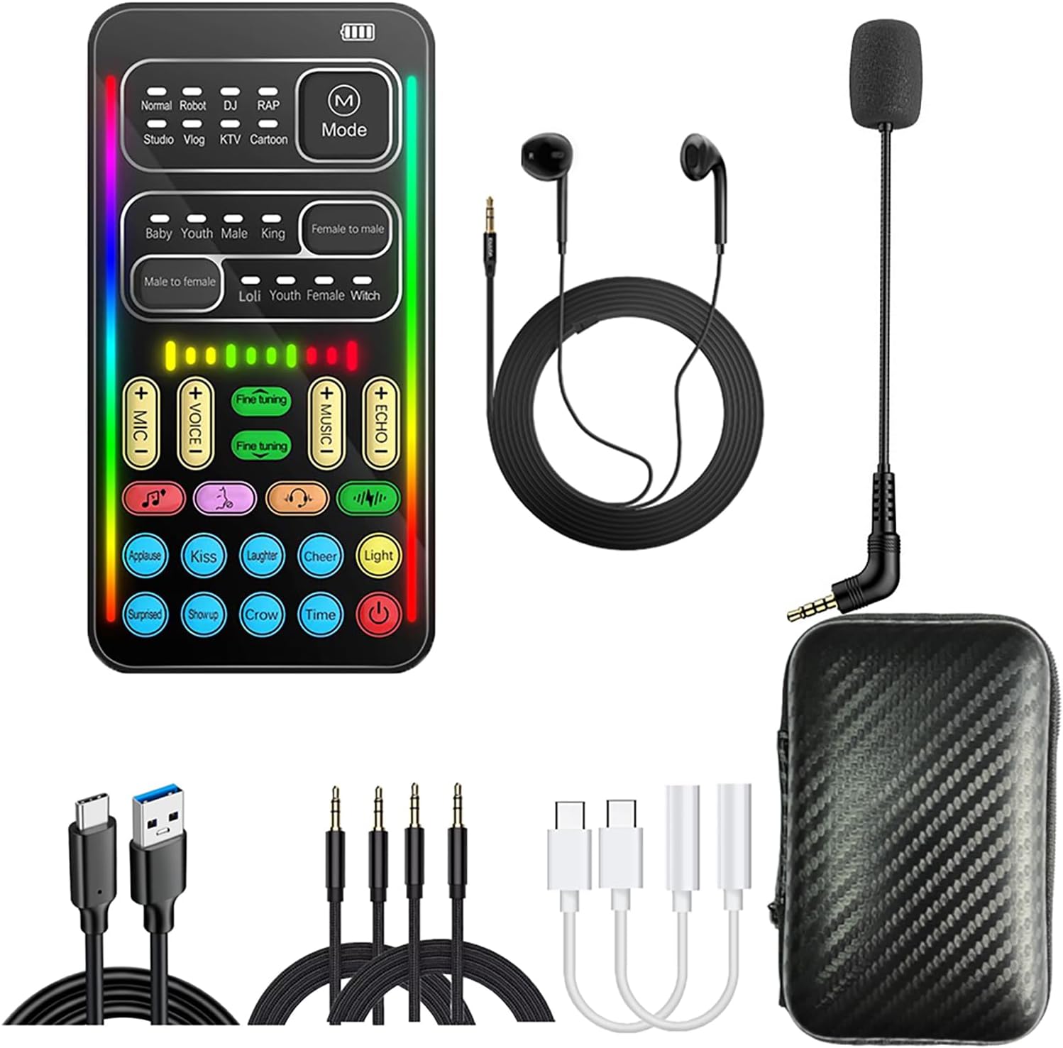 Portable Voice Changer Sound Card & Sound Effect Board Set – 16 Built-in Effects, Real-Time Modulation, with Mic and Monitoring Headphones, Compatible with PS5/PS4/Xbox One/S/X/PC/Laptop/Phone