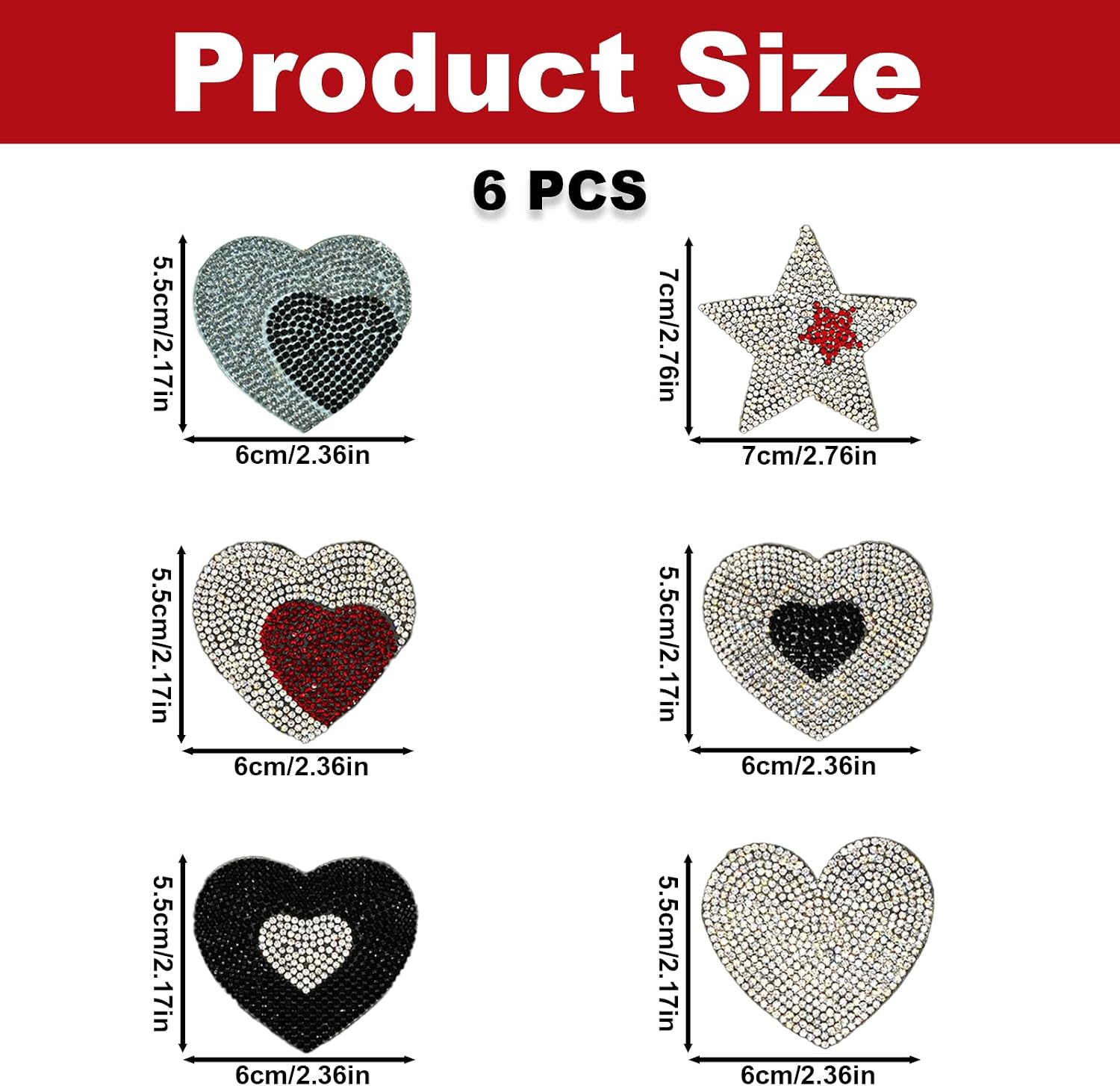 6PCS Heart Star Shaped Rhinestone Iron on Patches, 6 Styles Bling Crystal Decals for Car, Heart Diamond Iron on Patch for Valentine's Day DIY Crafts Scrapbook Laptop Phone Cup Shoes Party Decoration
