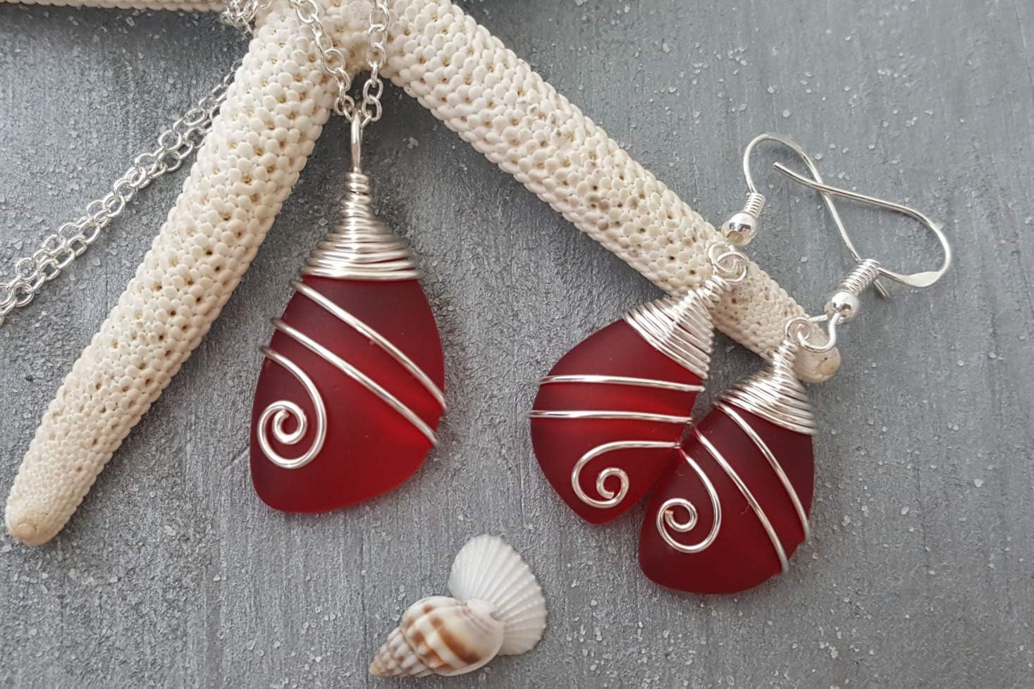 Handmade In Hawaii, Wire Wrapped Sea Glass Necklace and Earrings Set, Birthday Gifts For Women