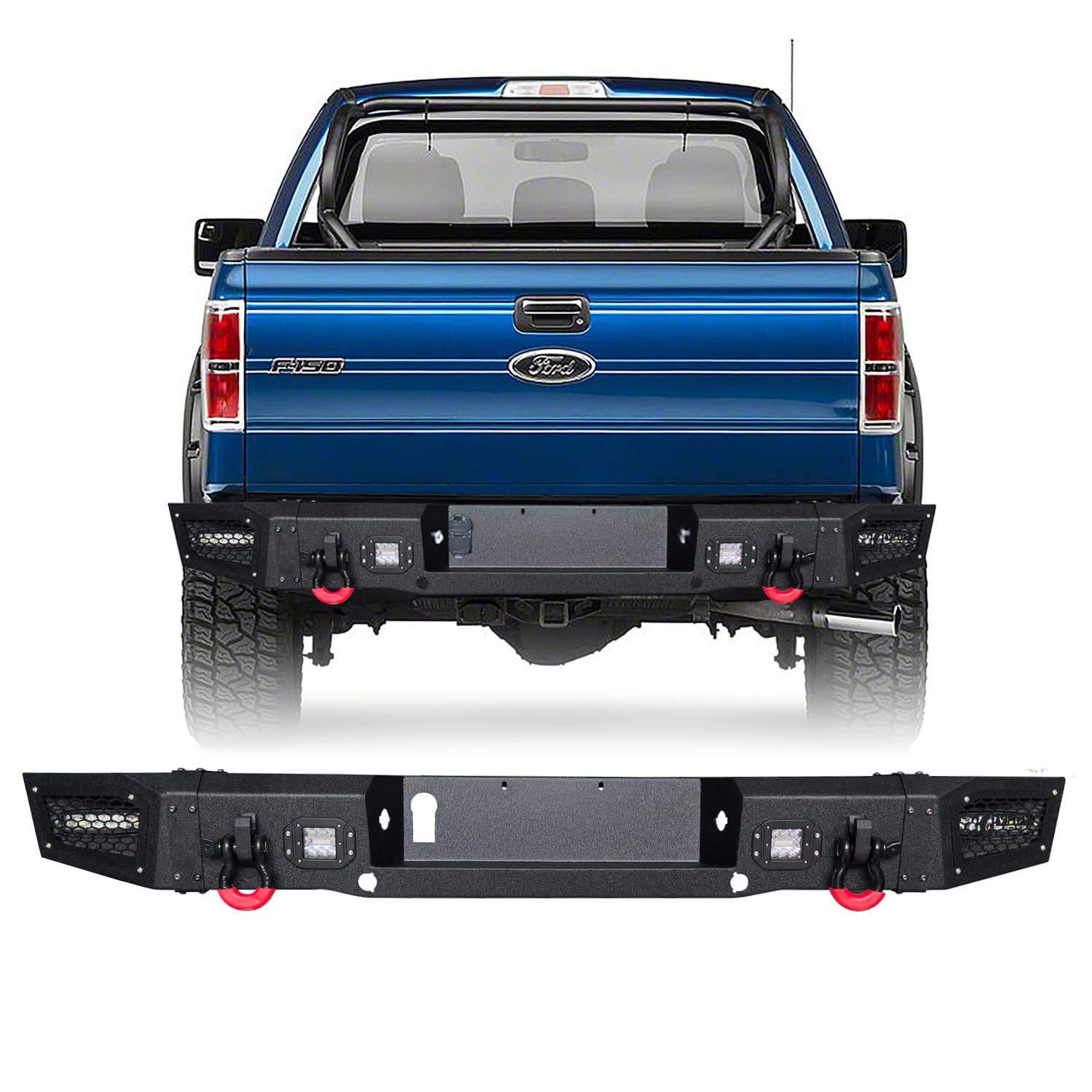 TIOYAR Rear Bumper Compatible with 2006-2014 Ford F150 (Excluding Raptort) w/4 24W LED Lights & 2 4.75T D-Ring