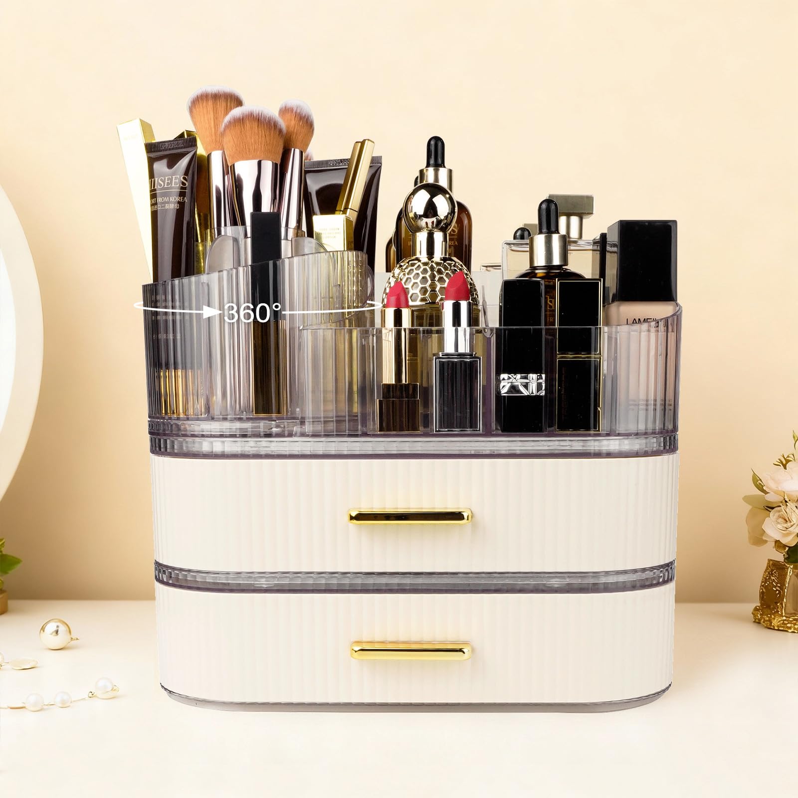LUM9EX8 Makeup Organiser with 2 Large Drawers - 360 Rotating Makeup Organiser, Rotating Compartment 2 In 1 Cosmetic Storage, Makeup Organizer Storage for Dresser, Bathroom, Bedroom (Cream White)